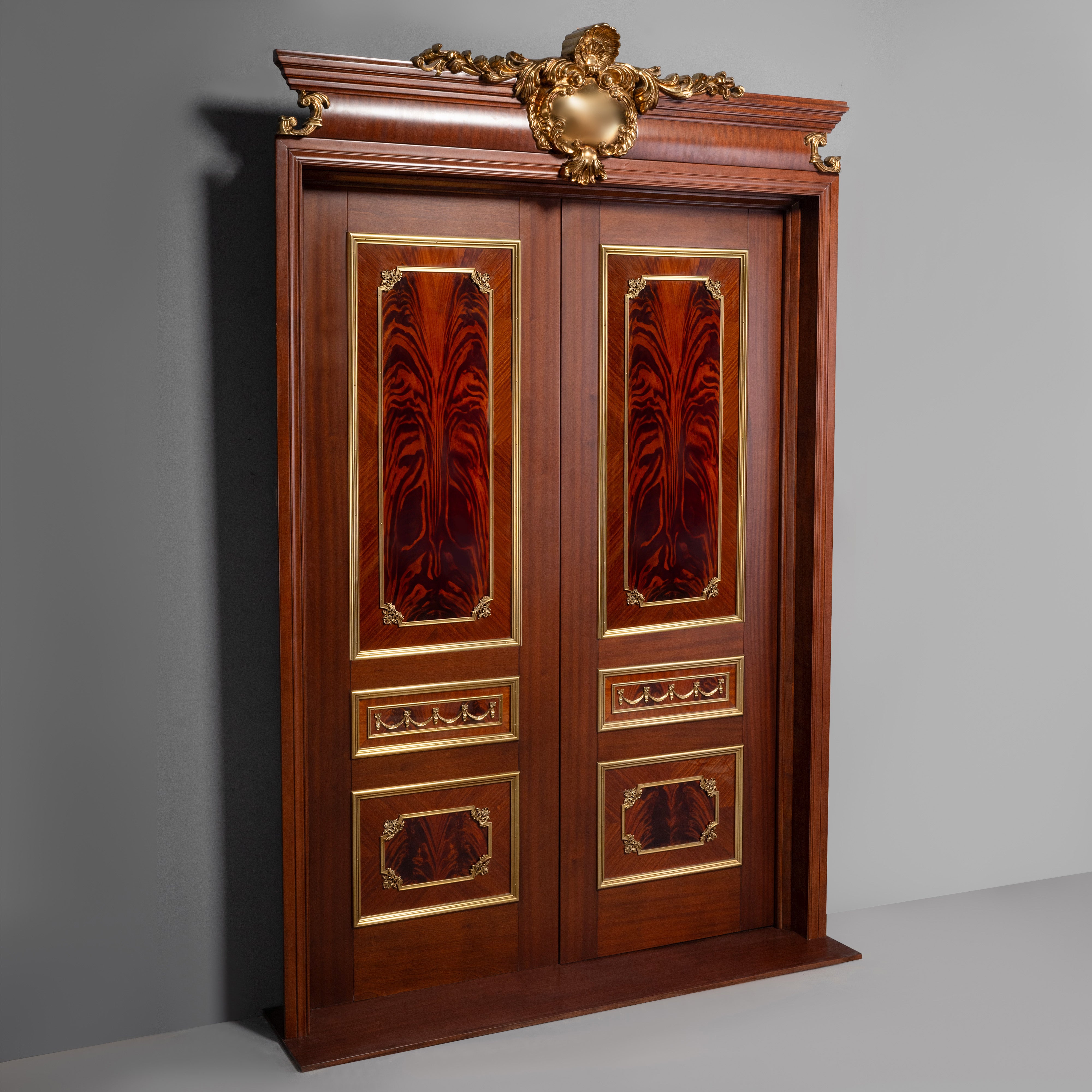 Neoclassical Louis XVI Style Double Doors with Mahogany Inlay and Gilt Ornaments