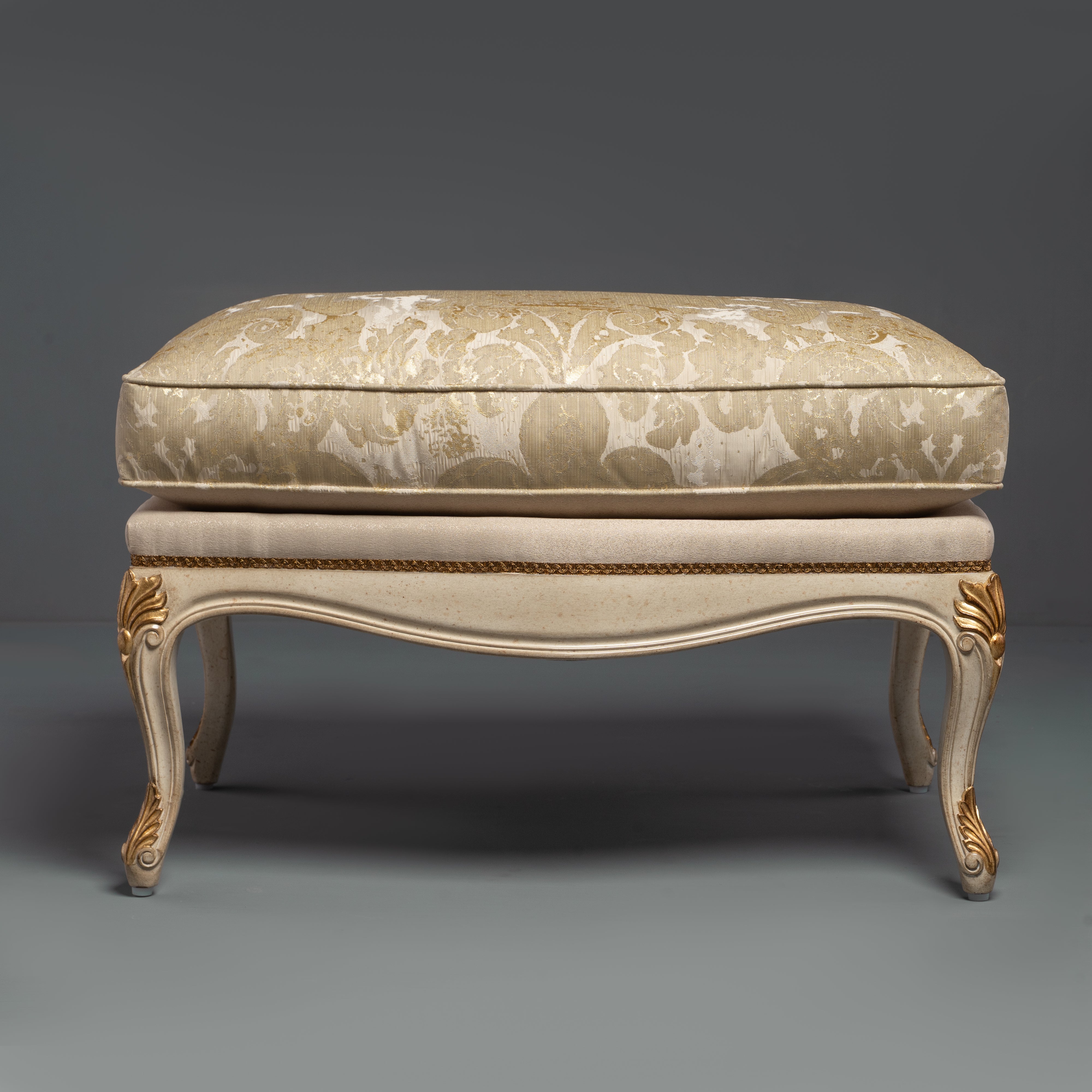 Hand-Carved Rococo Revival Gilt Ottoman with Champagne Damask