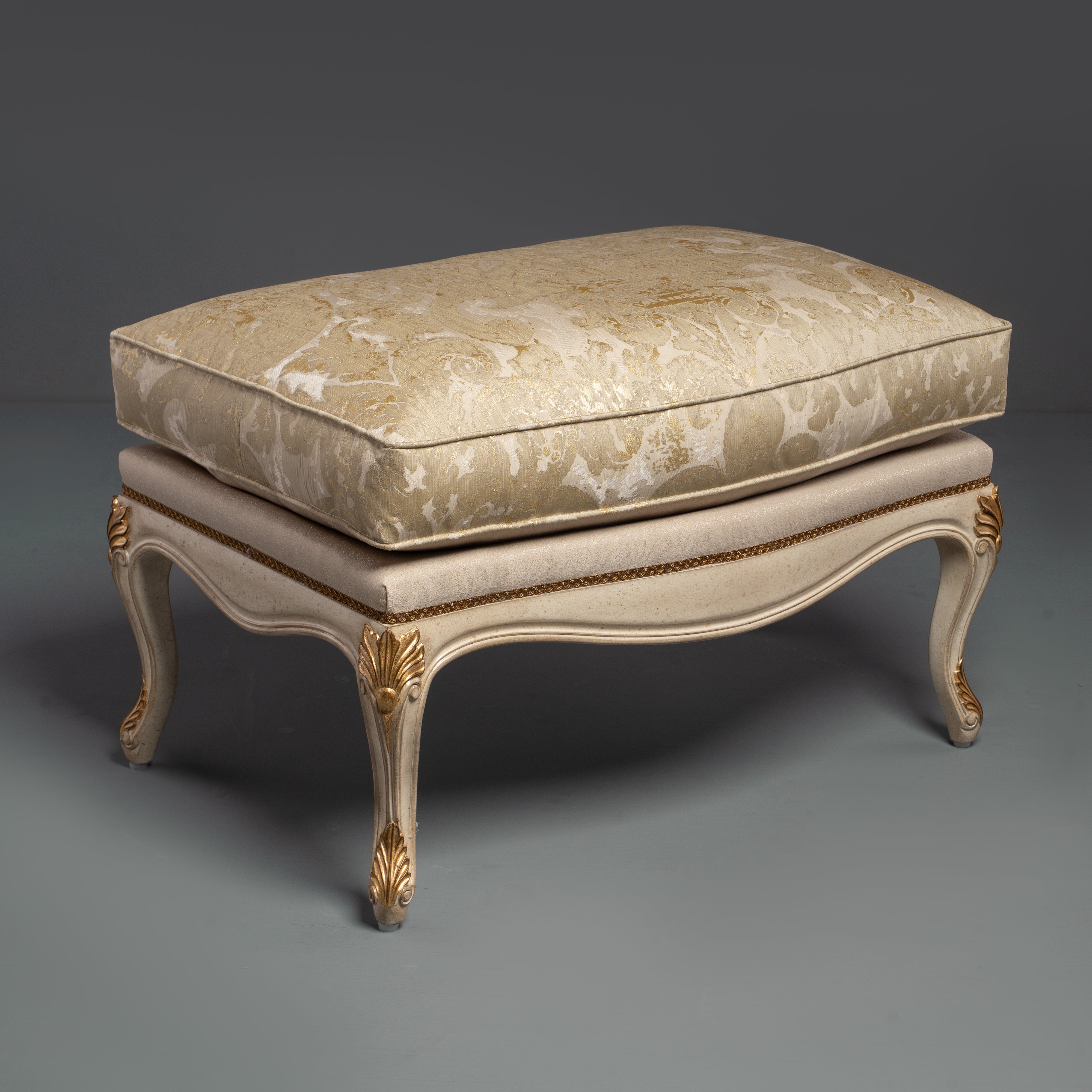 Hand-Carved Rococo Revival Gilt Ottoman with Champagne Damask