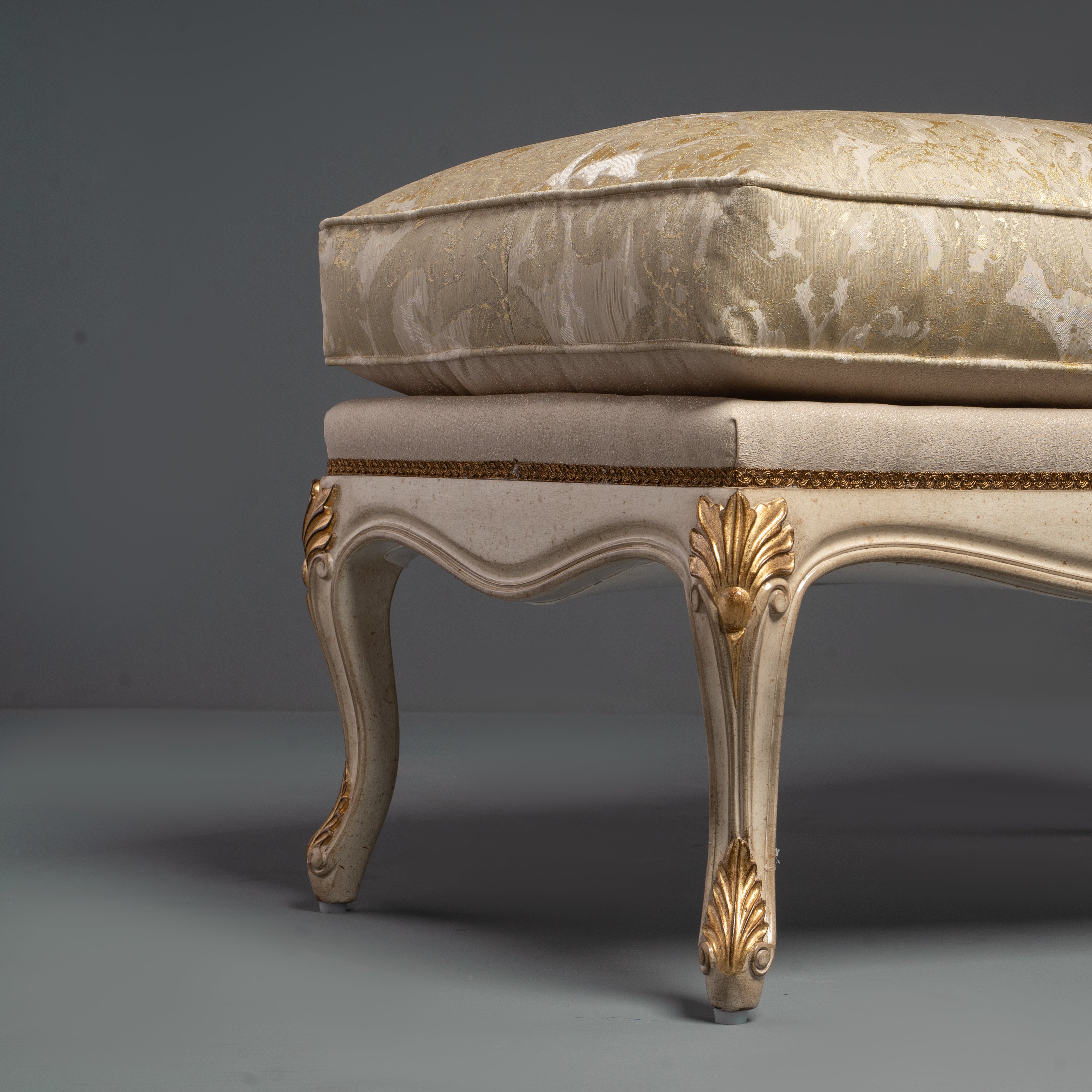Hand-Carved Rococo Revival Gilt Ottoman with Champagne Damask