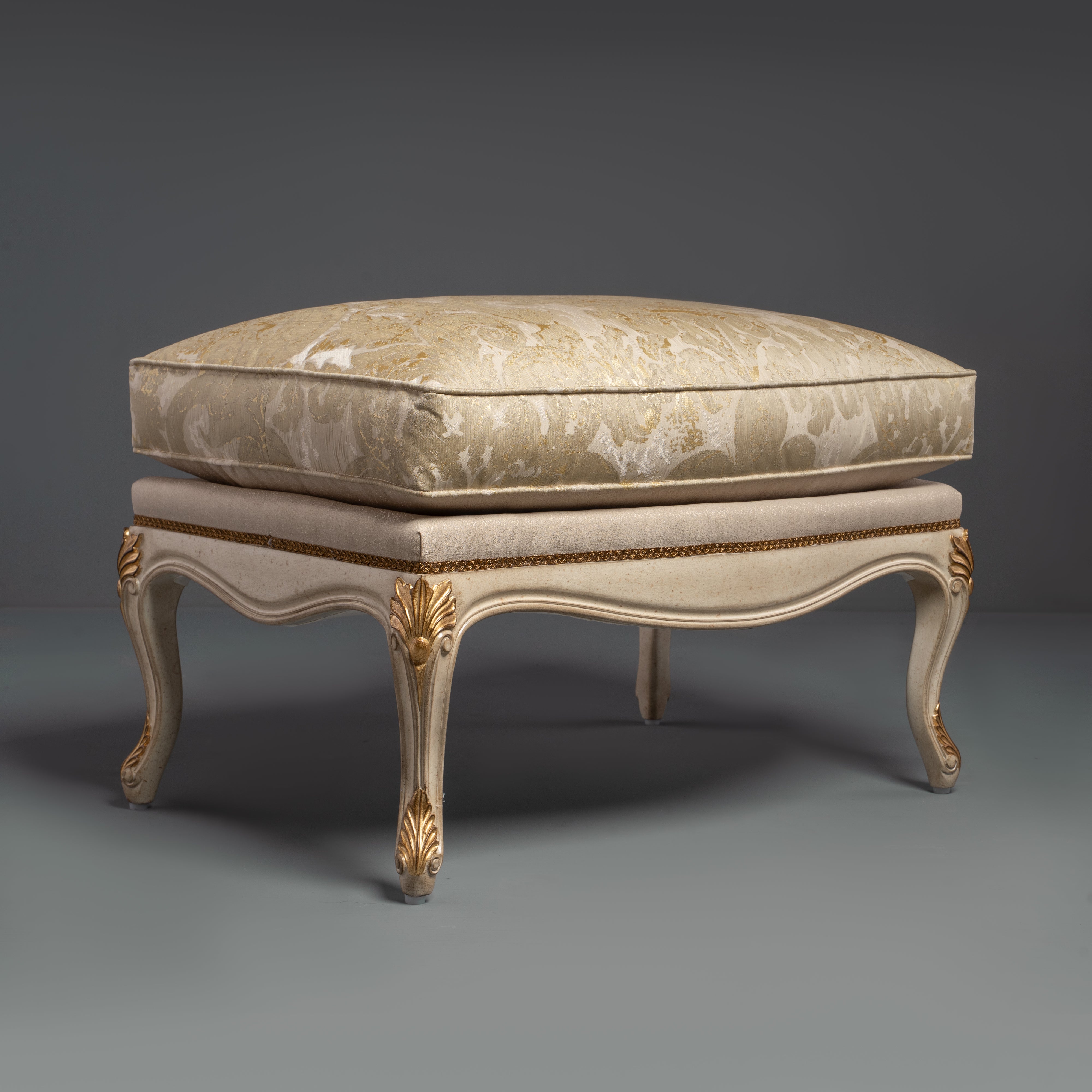 Hand-Carved Rococo Revival Gilt Ottoman with Champagne Damask