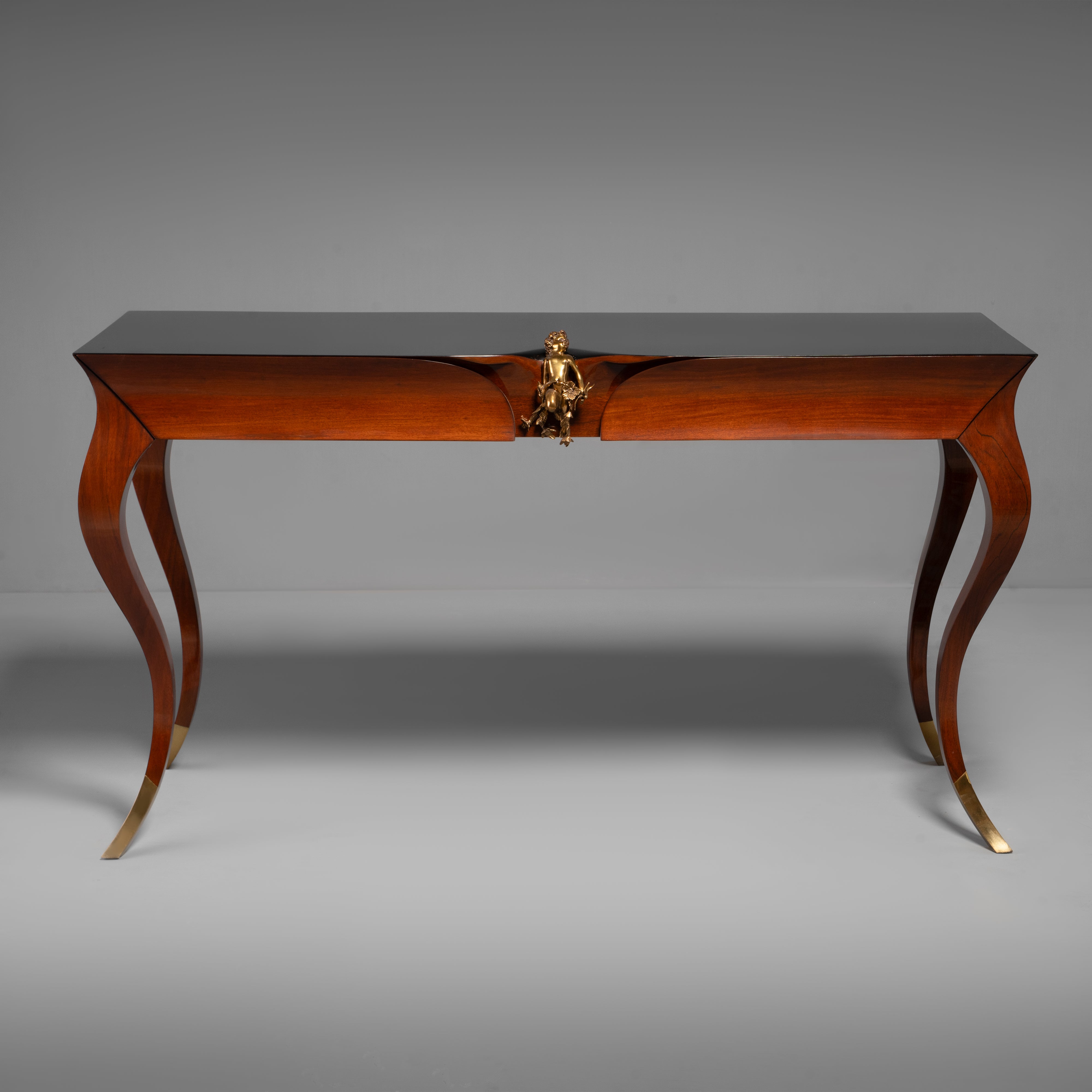 Rococo Revival Style Console Table with Gilt Cherub Ornament and Black Lacquer Top