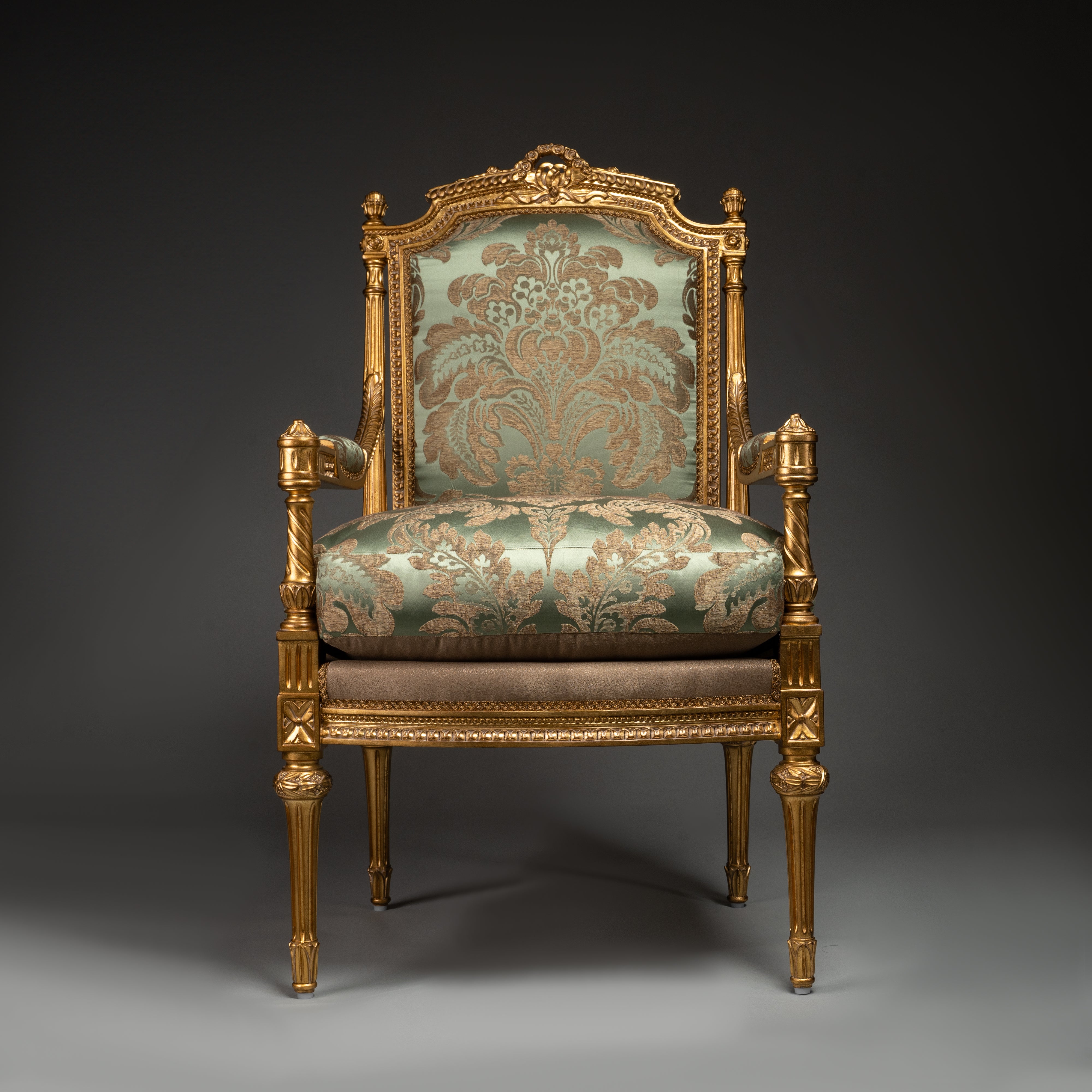 Louis XVI-Style Gilded Armchair with Green Brocade Upholstery