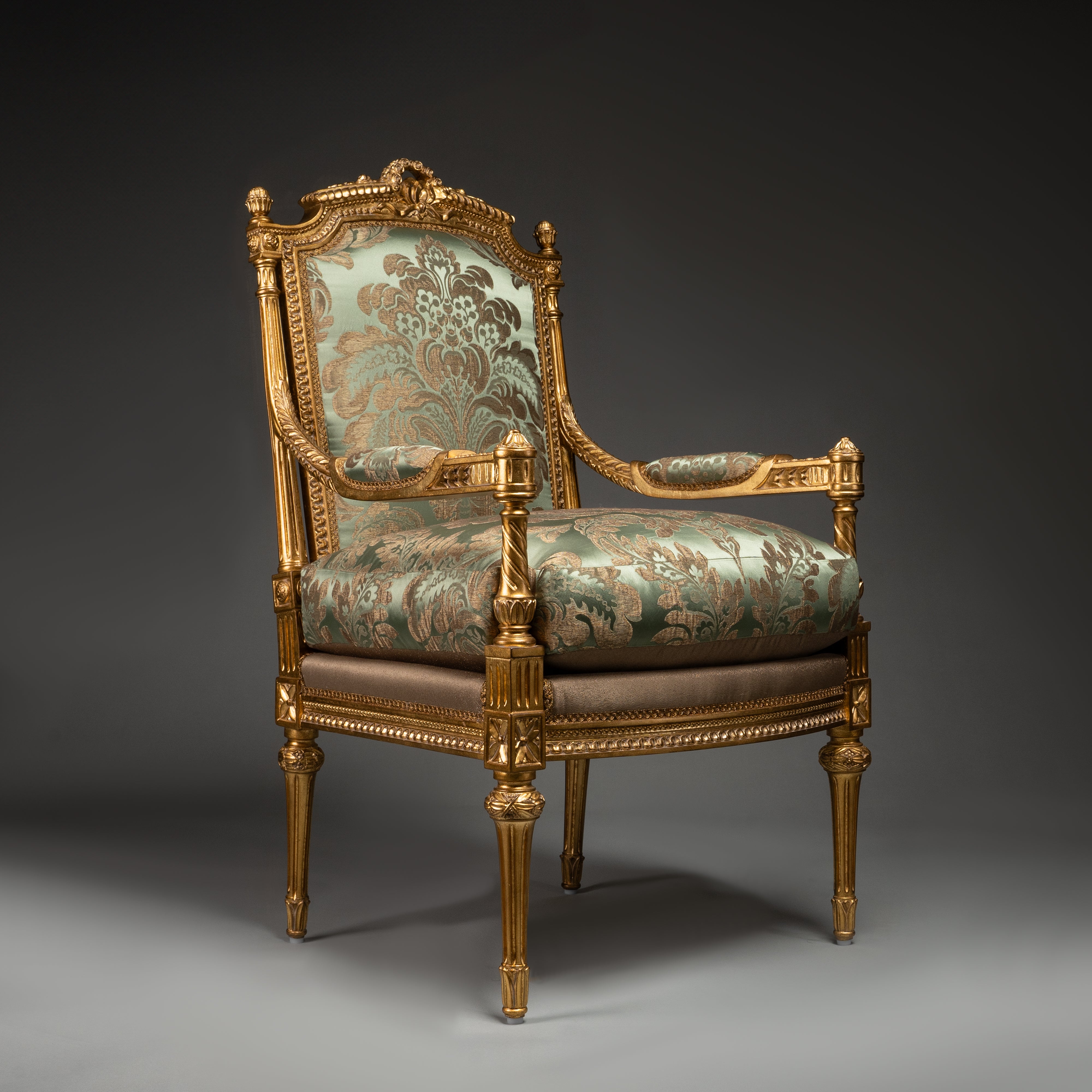 Louis XVI-Style Gilded Armchair with Green Brocade Upholstery