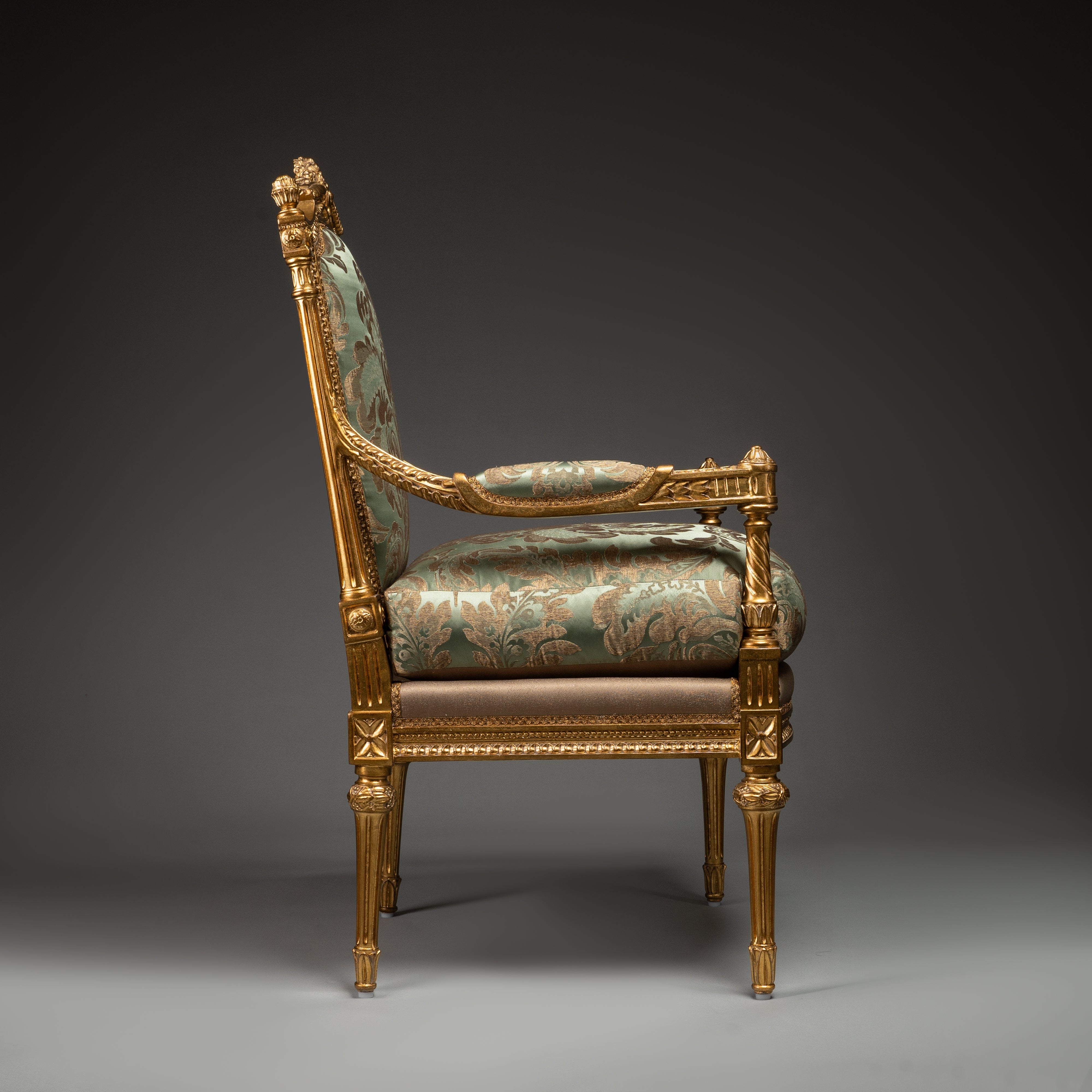 Louis XVI-Style Gilded Armchair with Green Brocade Upholstery