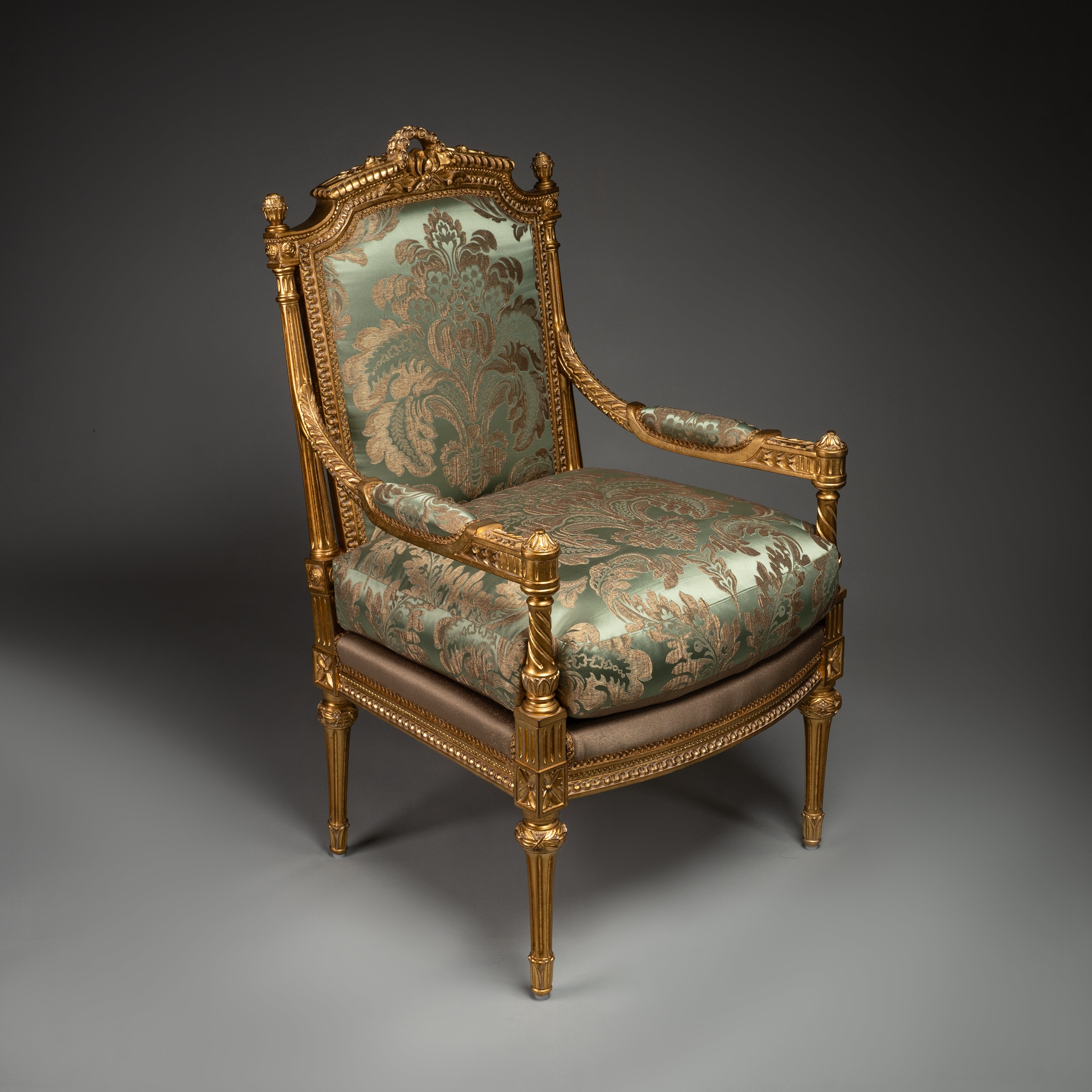 Louis XVI-Style Gilded Armchair with Green Brocade Upholstery