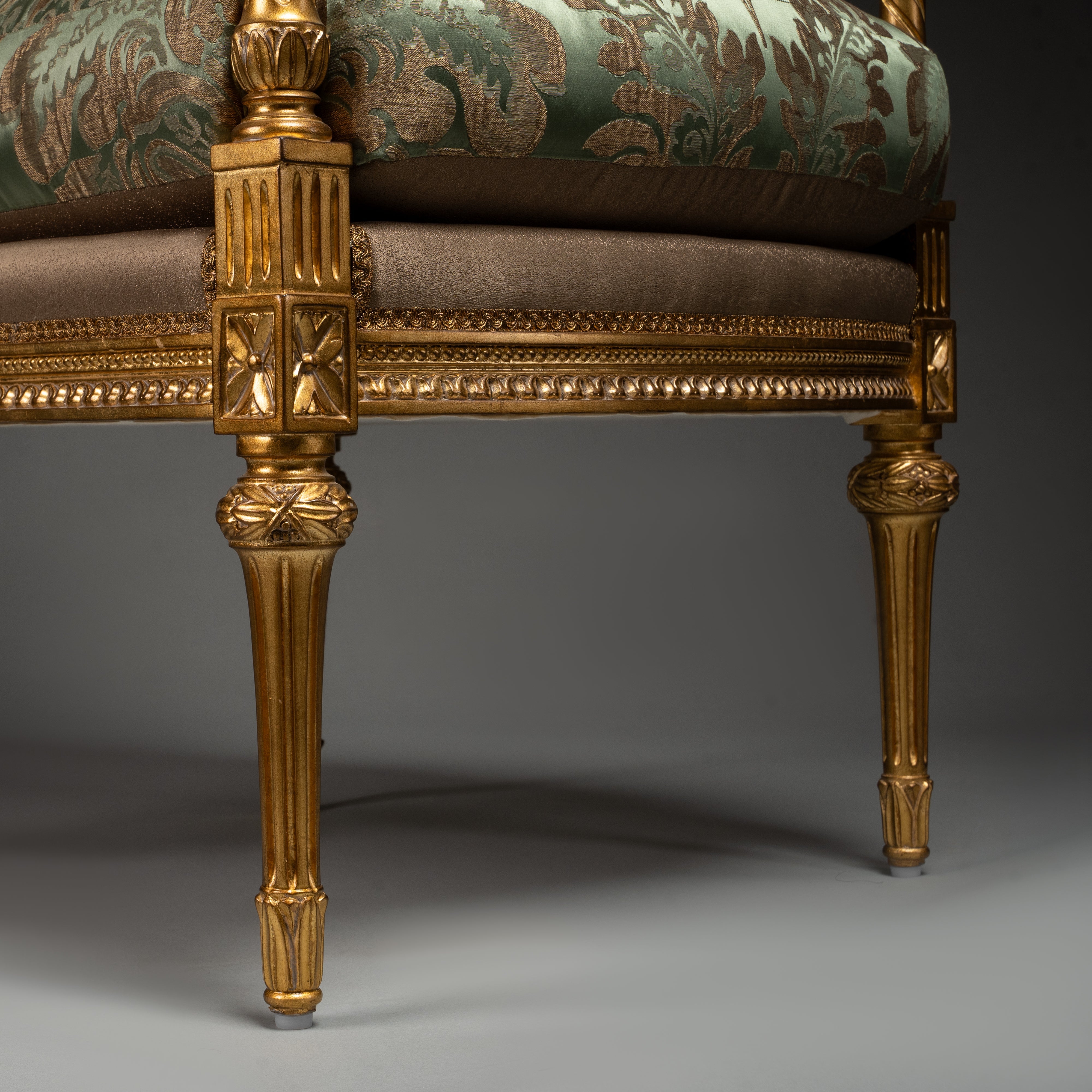 Louis XVI-Style Gilded Armchair with Green Brocade Upholstery