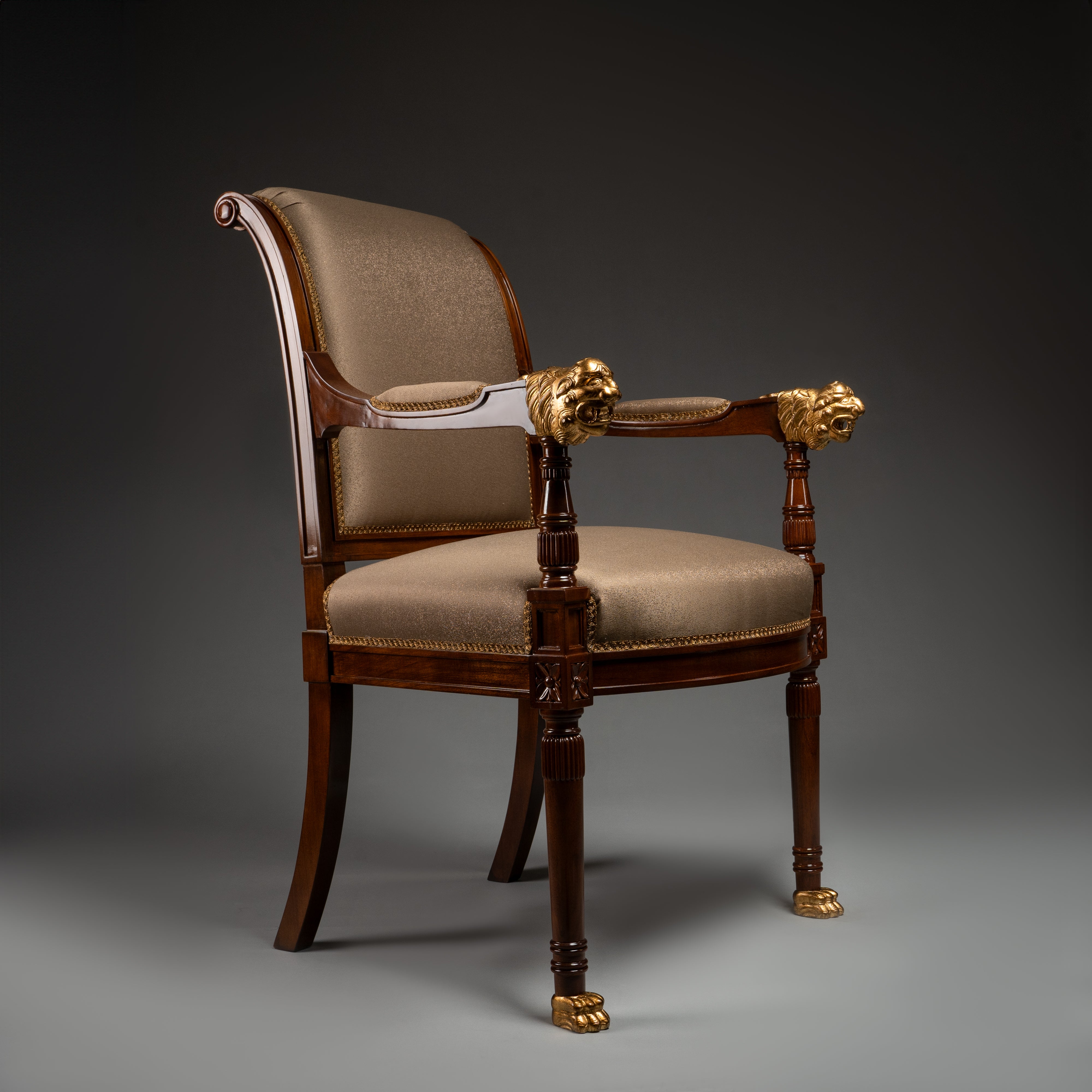 Empire-Style Mahogany Armchair with Gold Lion Head and Paw Details