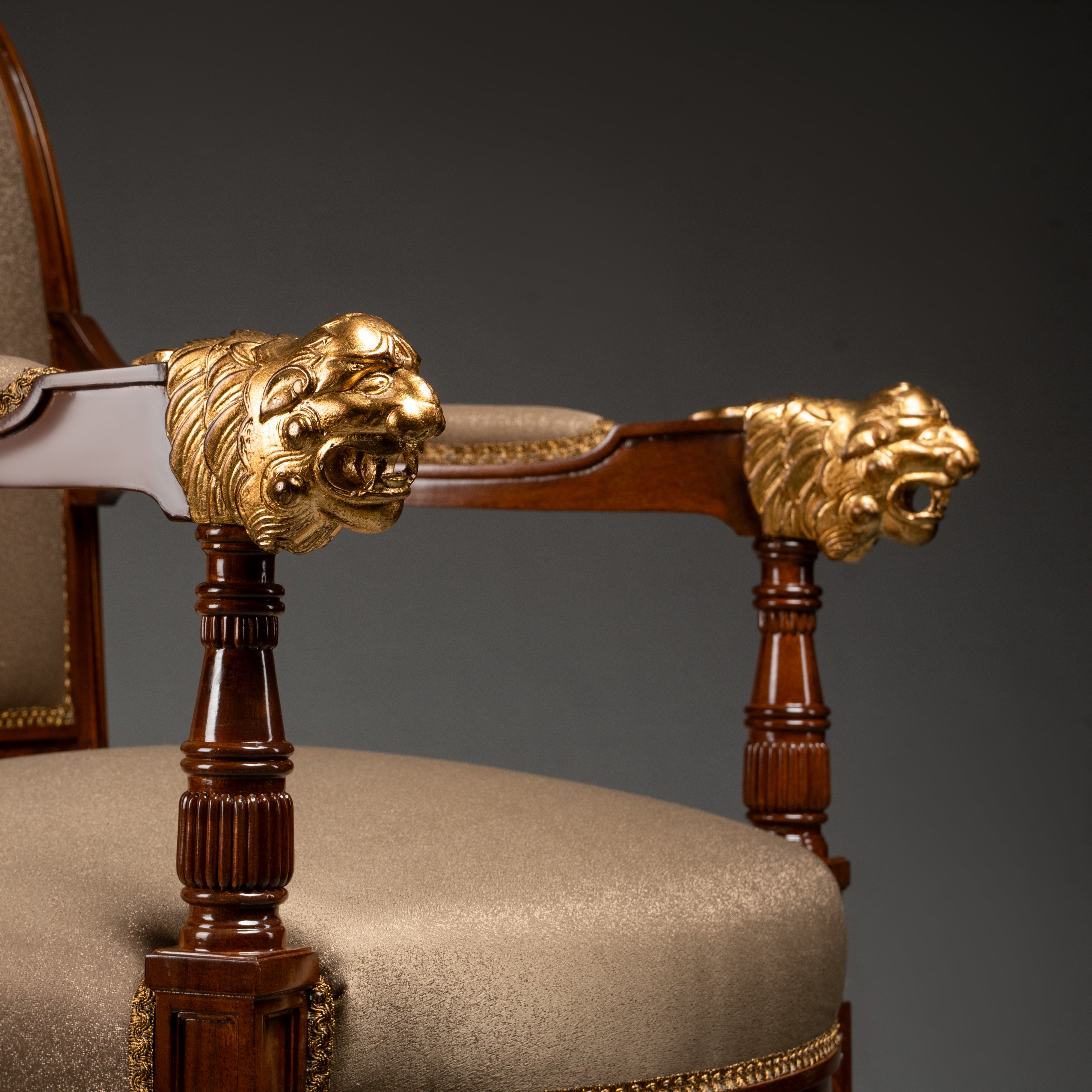 Empire-Style Mahogany Armchair with Gold Lion Head and Paw Details