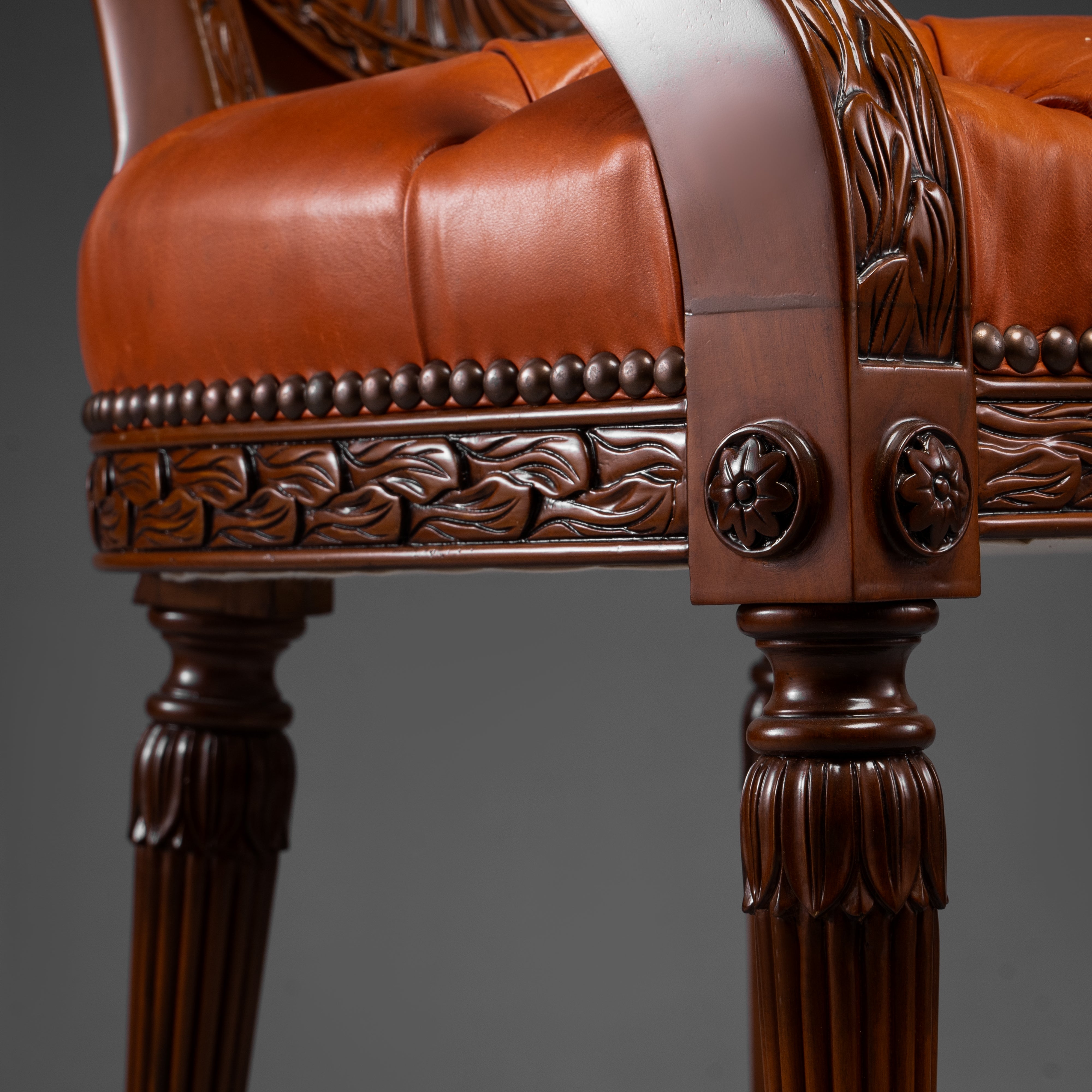 Mahogany Armchair with Carved Fan Back and Tufted Leather Seat