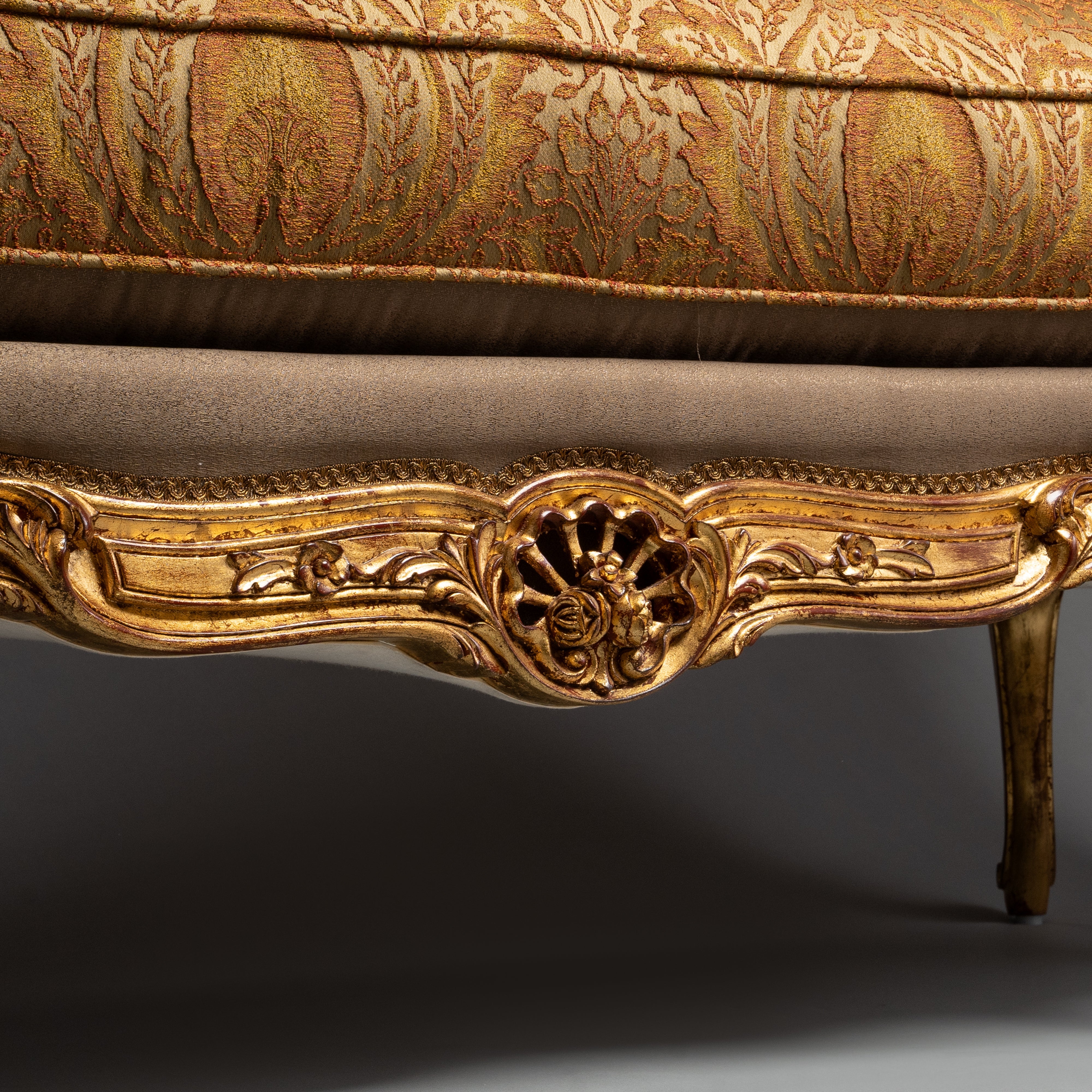 Ornate Louis XV-Style Sofa with Gilded Frame and Brocade Upholstery