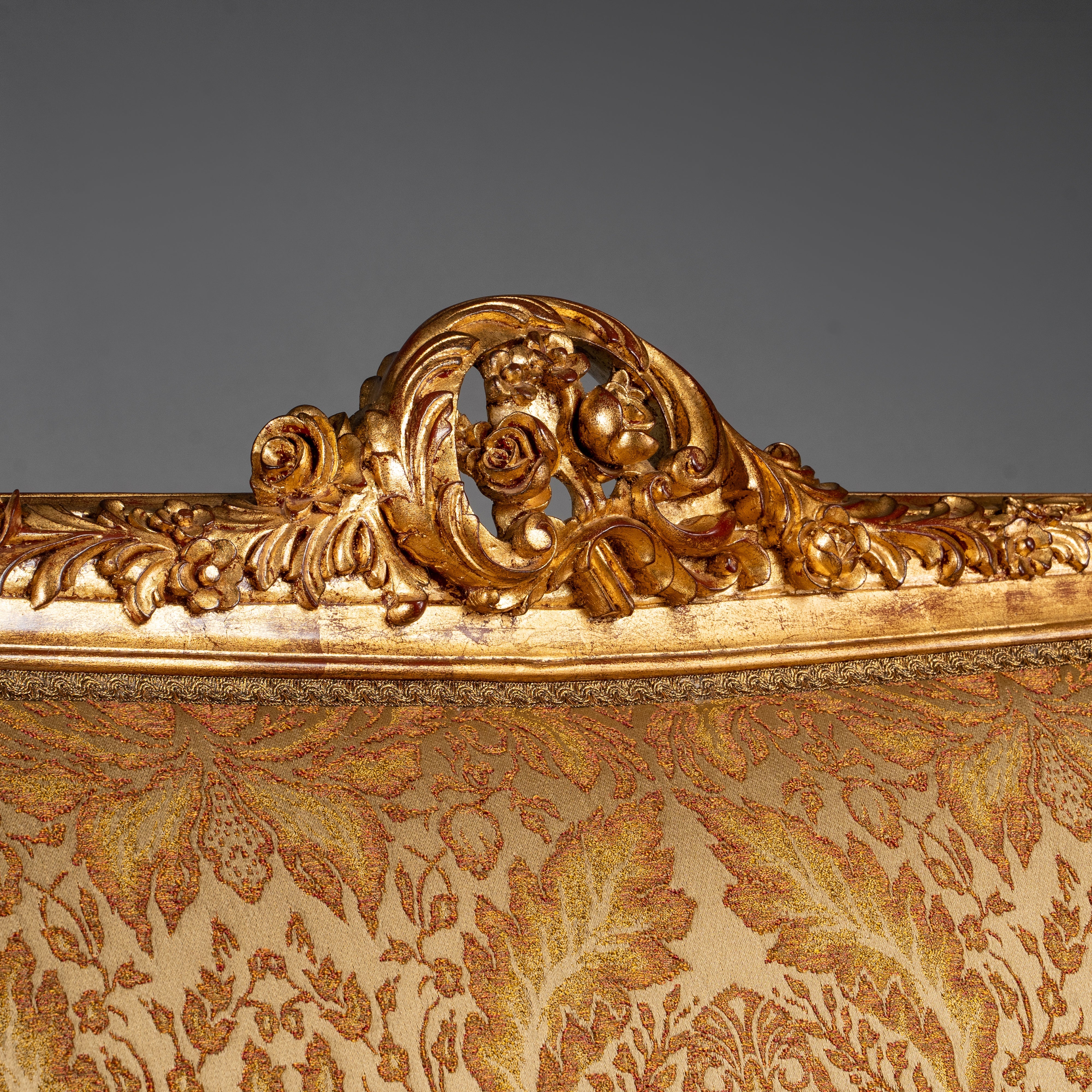 Ornate Louis XV-Style Sofa with Gilded Frame and Brocade Upholstery