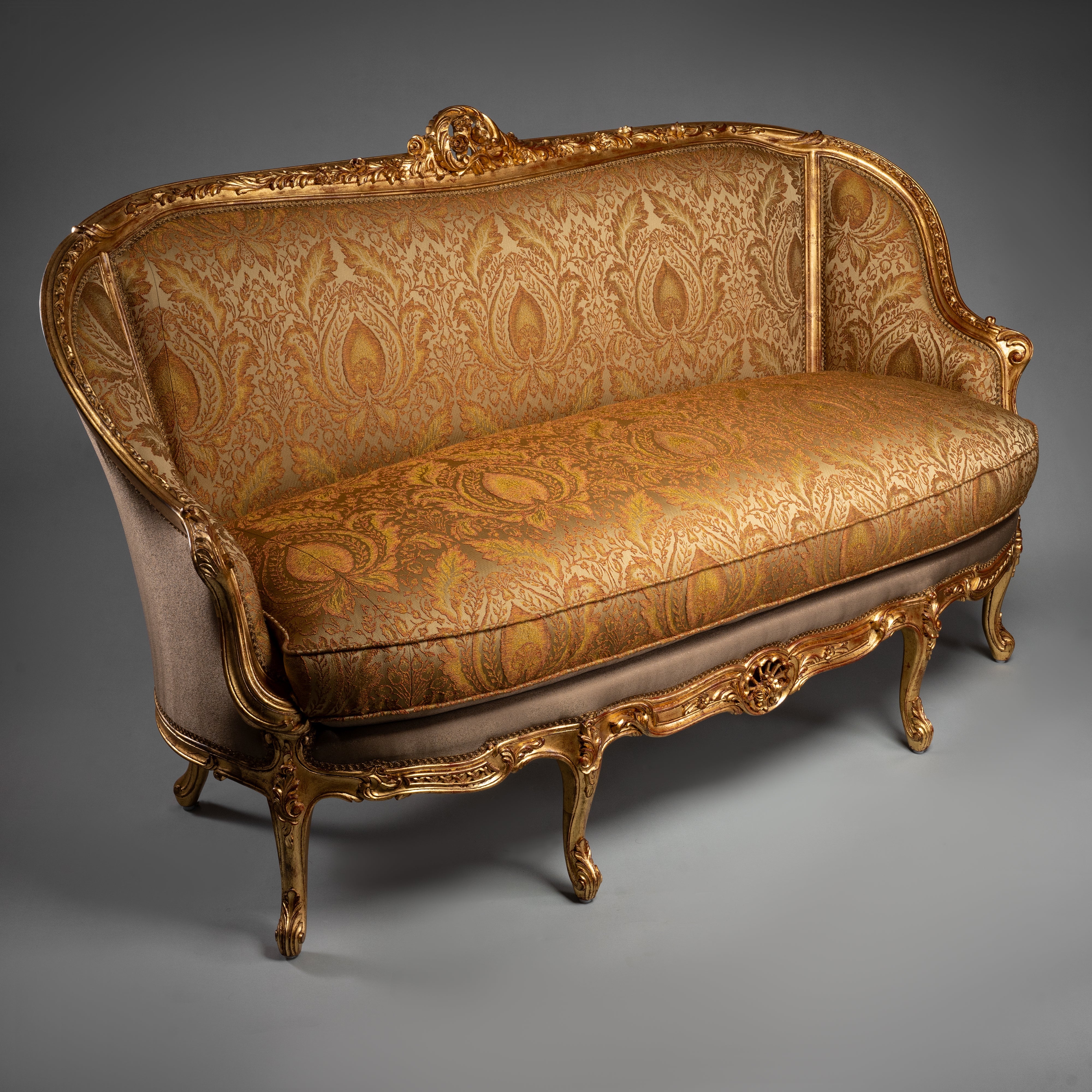 Ornate Louis XV-Style Sofa with Gilded Frame and Brocade Upholstery