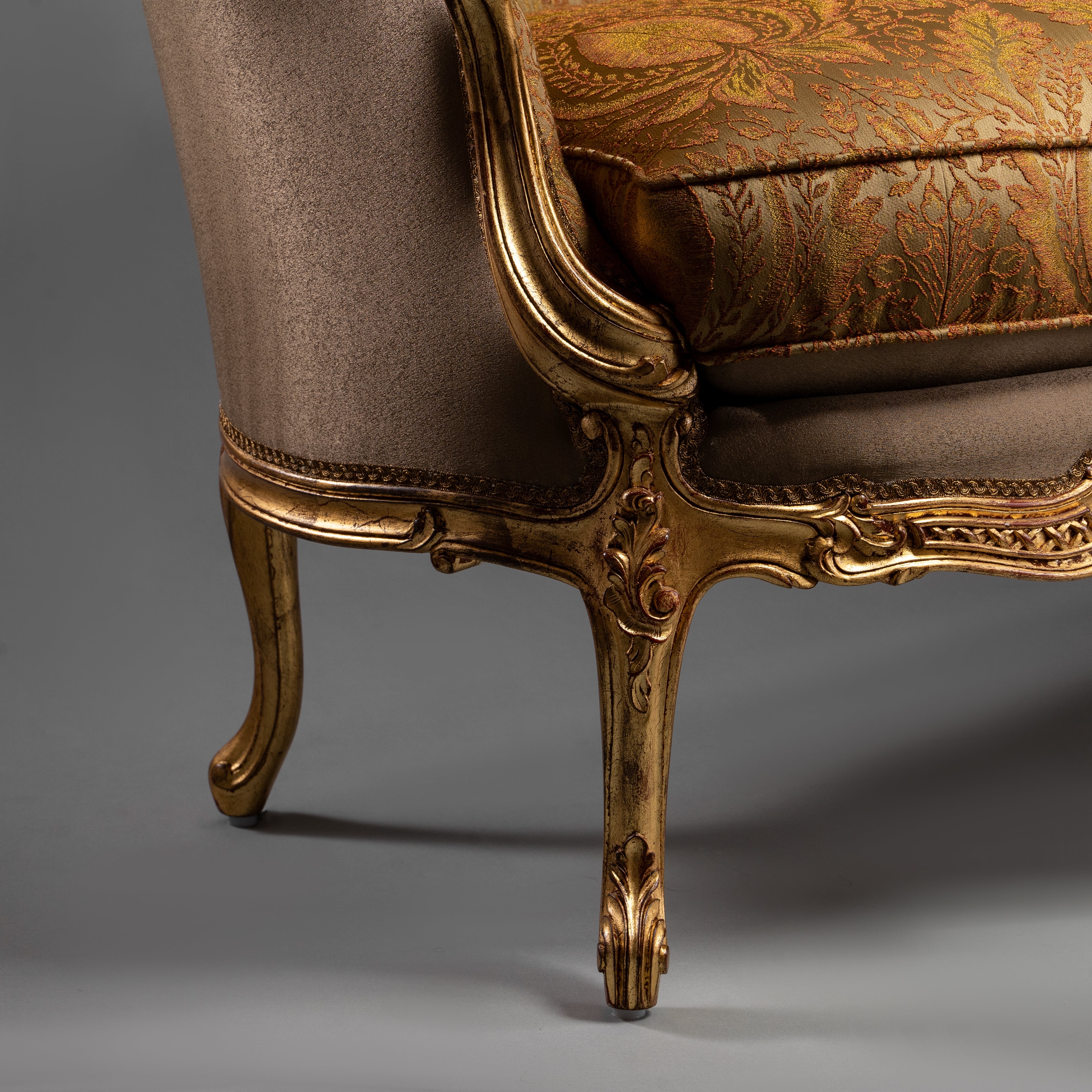 Ornate Louis XV-Style Sofa with Gilded Frame and Brocade Upholstery