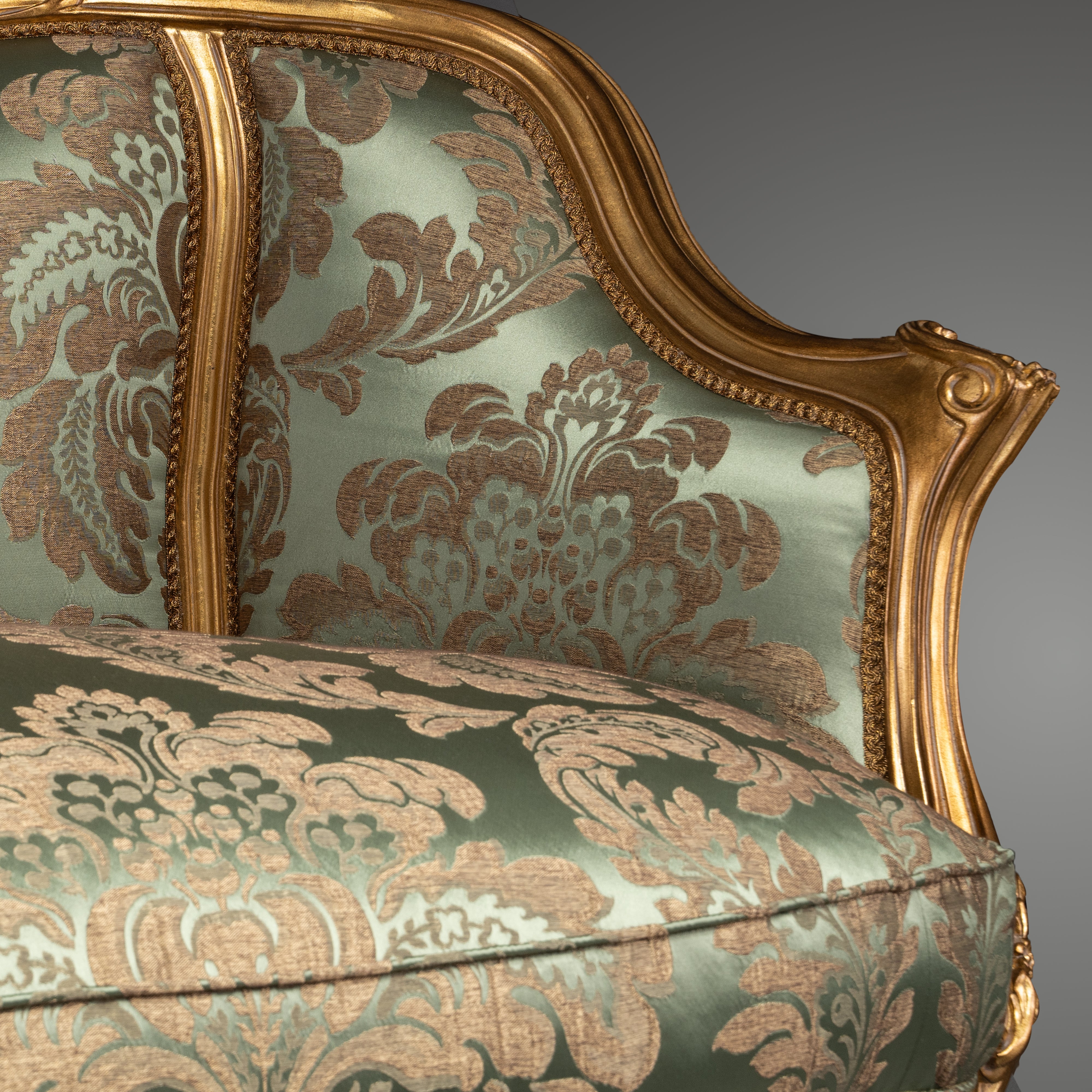 French Louis XV-Style Sofa with Gilded Frame and Green Brocade Upholstery