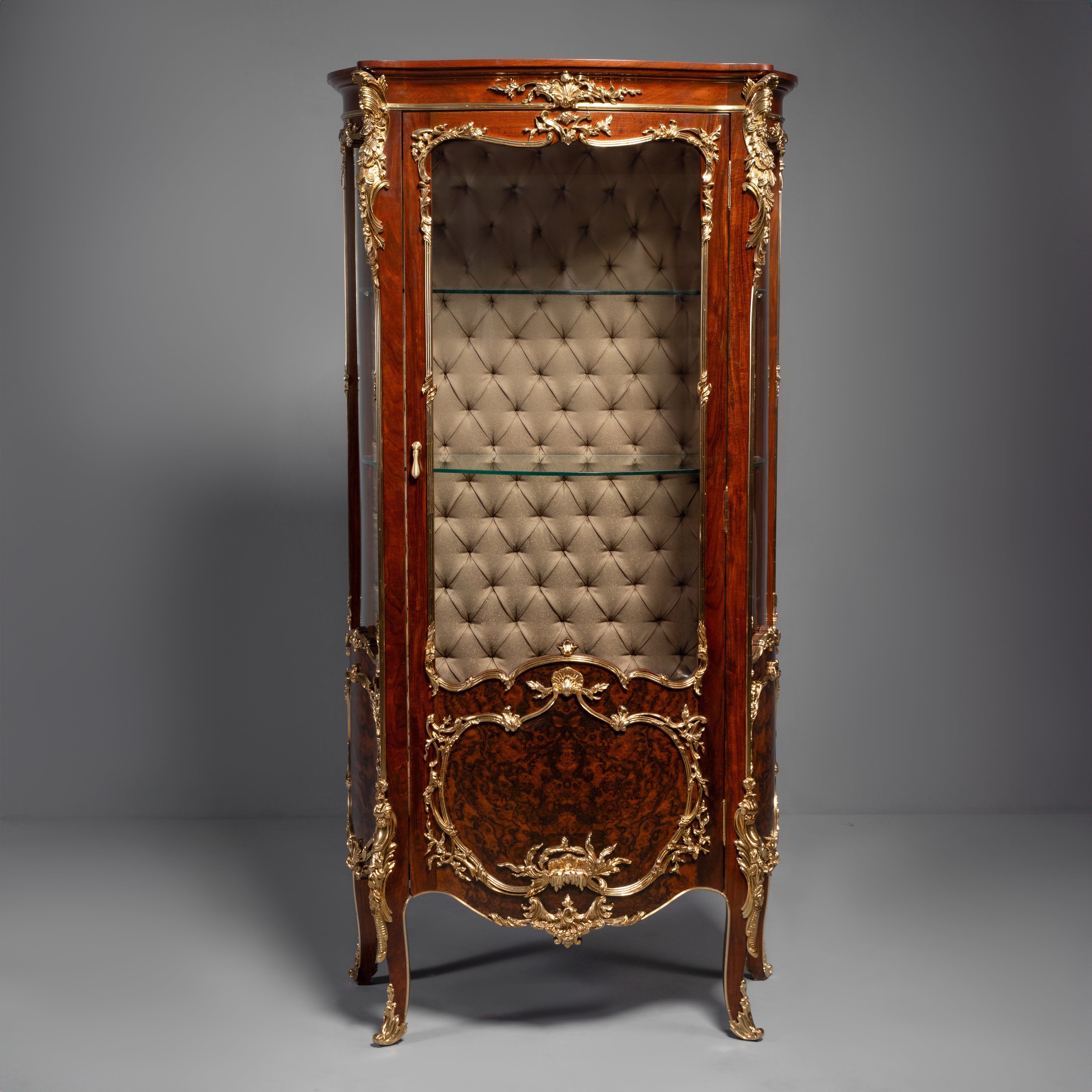 French Rococo Revival Display Cabinet with Burl Walnut Inlay and Gilt Bronze Accents