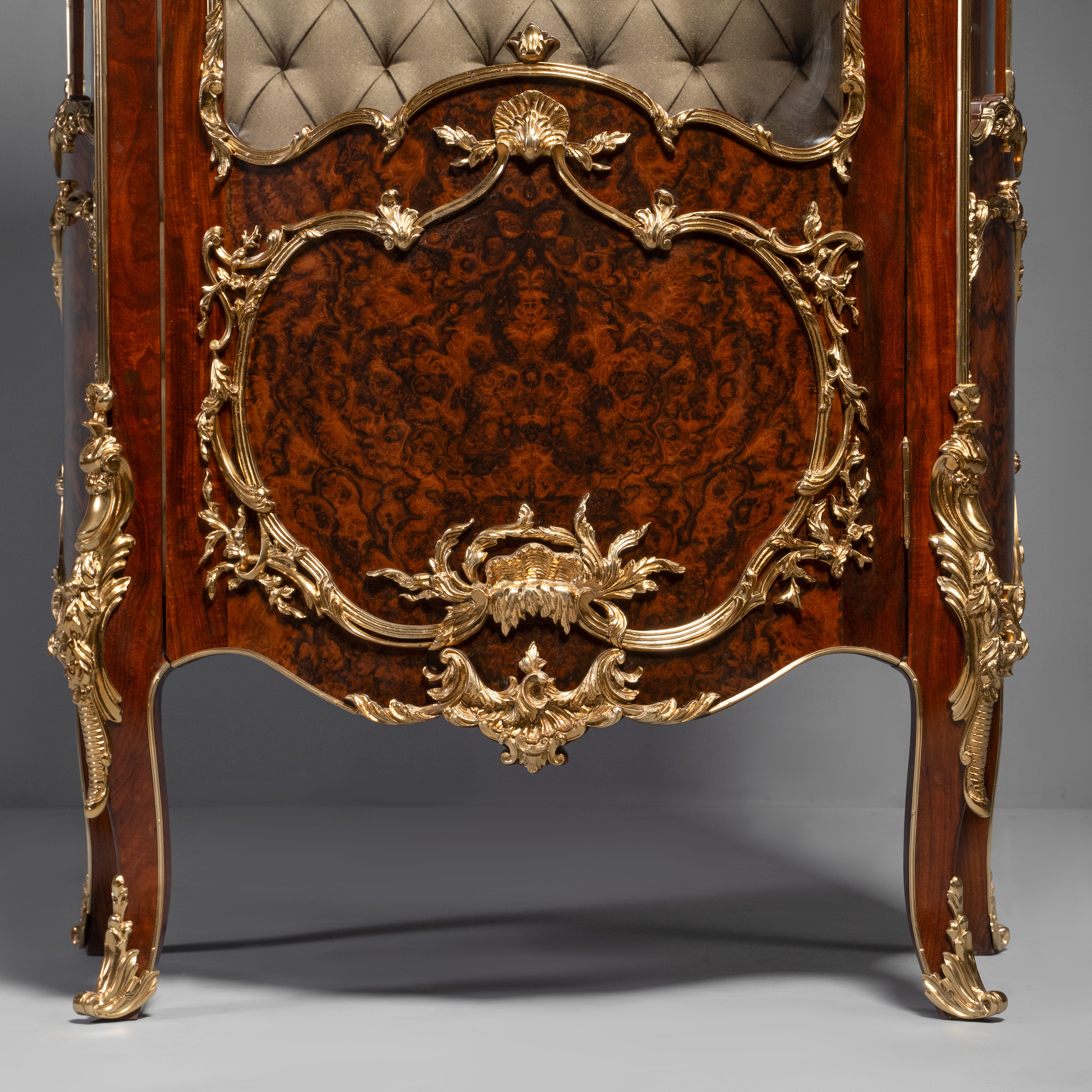 French Rococo Revival Display Cabinet with Burl Walnut Inlay and Gilt Bronze Accents