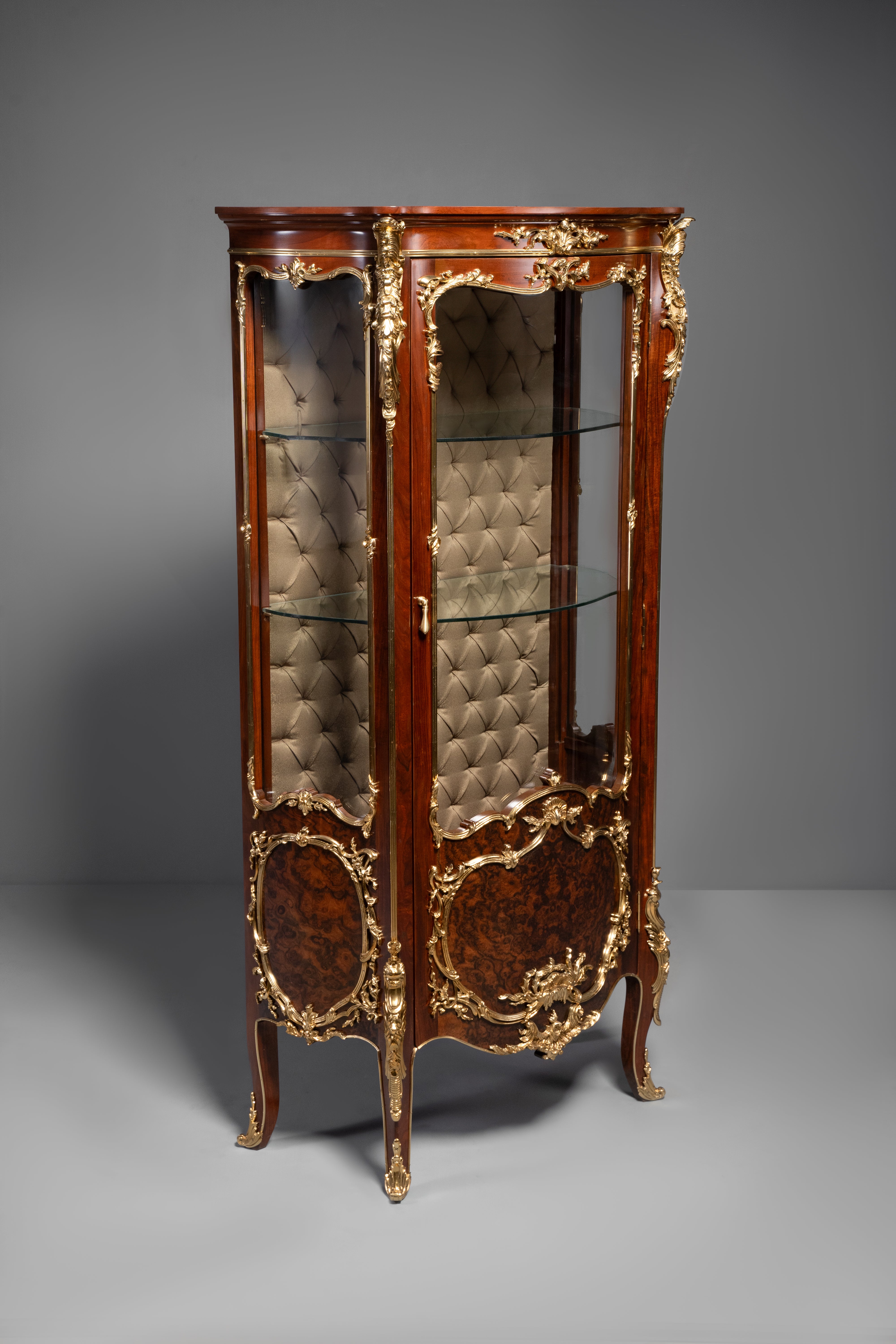 French Rococo Revival Display Cabinet with Burl Walnut Inlay and Gilt Bronze Accents