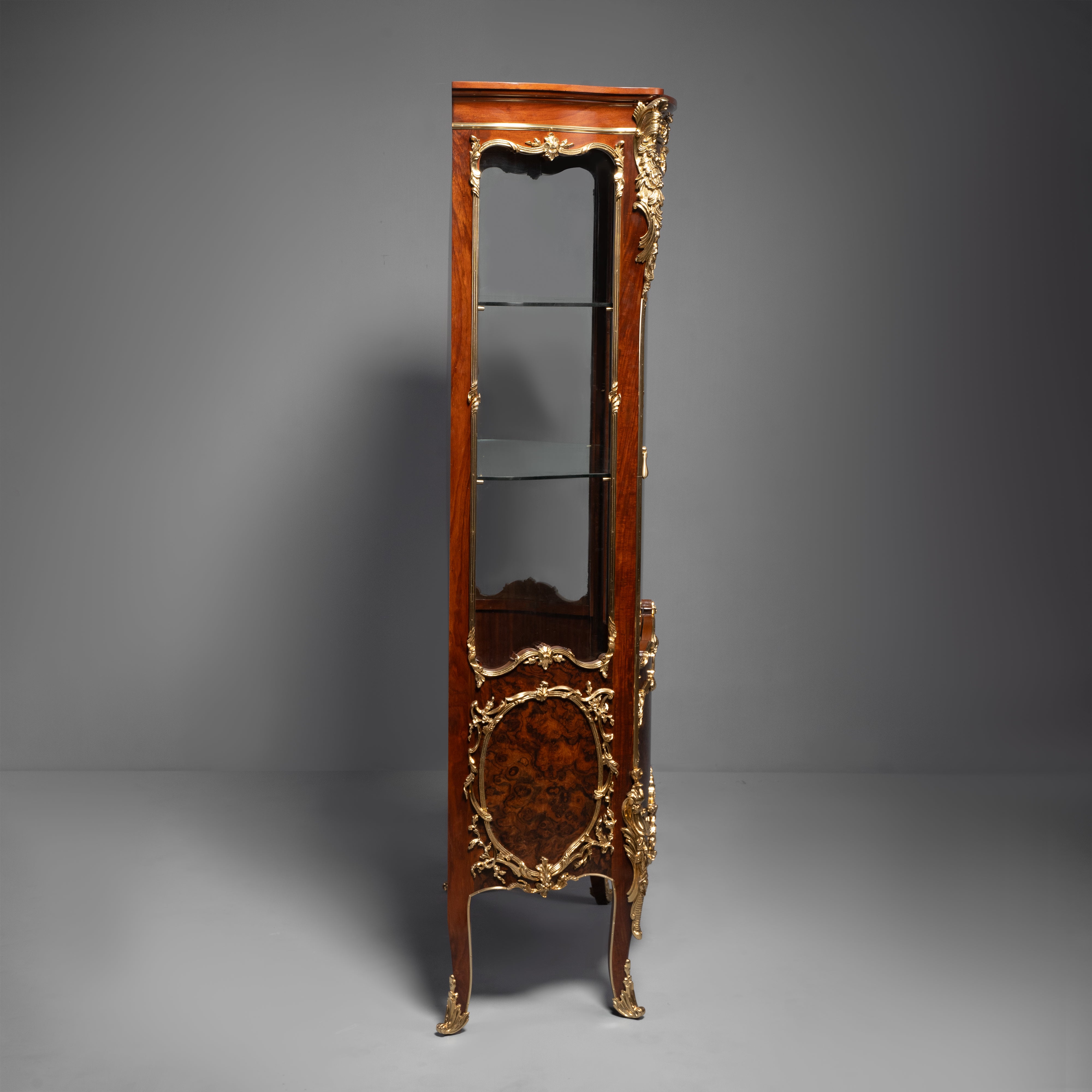 French Rococo Revival Display Cabinet with Burl Walnut Inlay and Gilt Bronze Accents