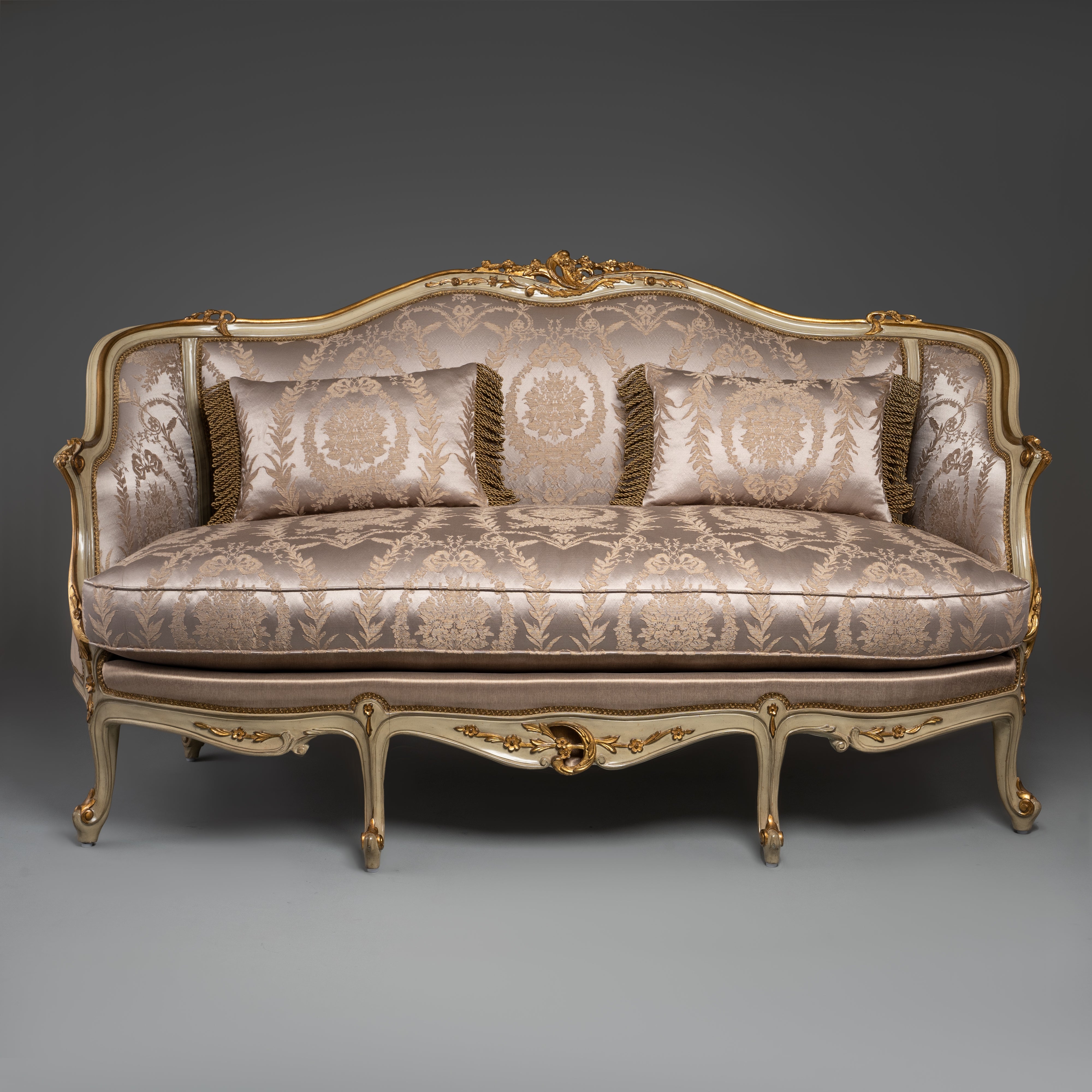 Louis XV-Style Sofa with Ivory and Gold Brocade Upholstery and Gilded Accents
