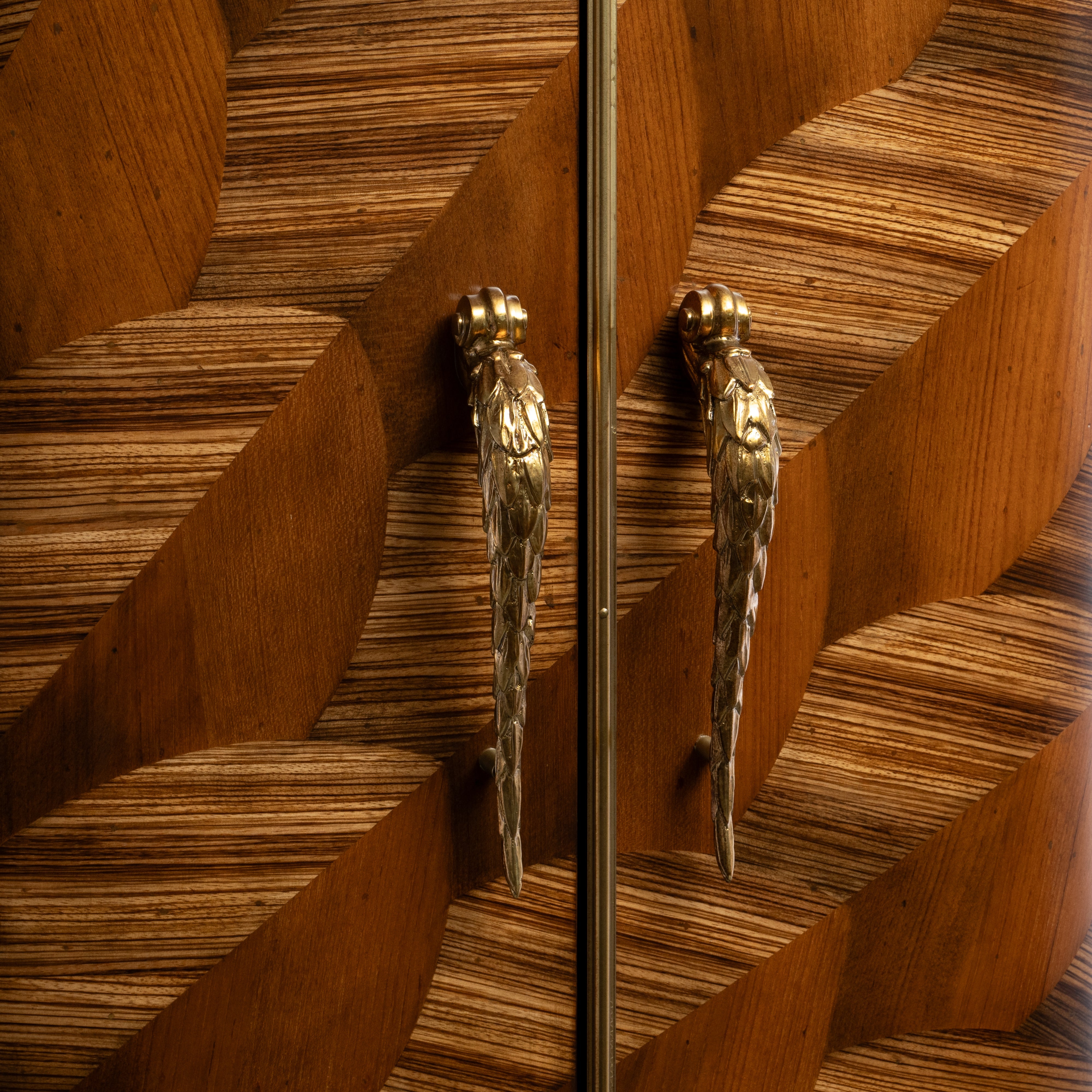 Art Deco Style Tall Cabinet with Geometric Wood Veneer and Brass Handles