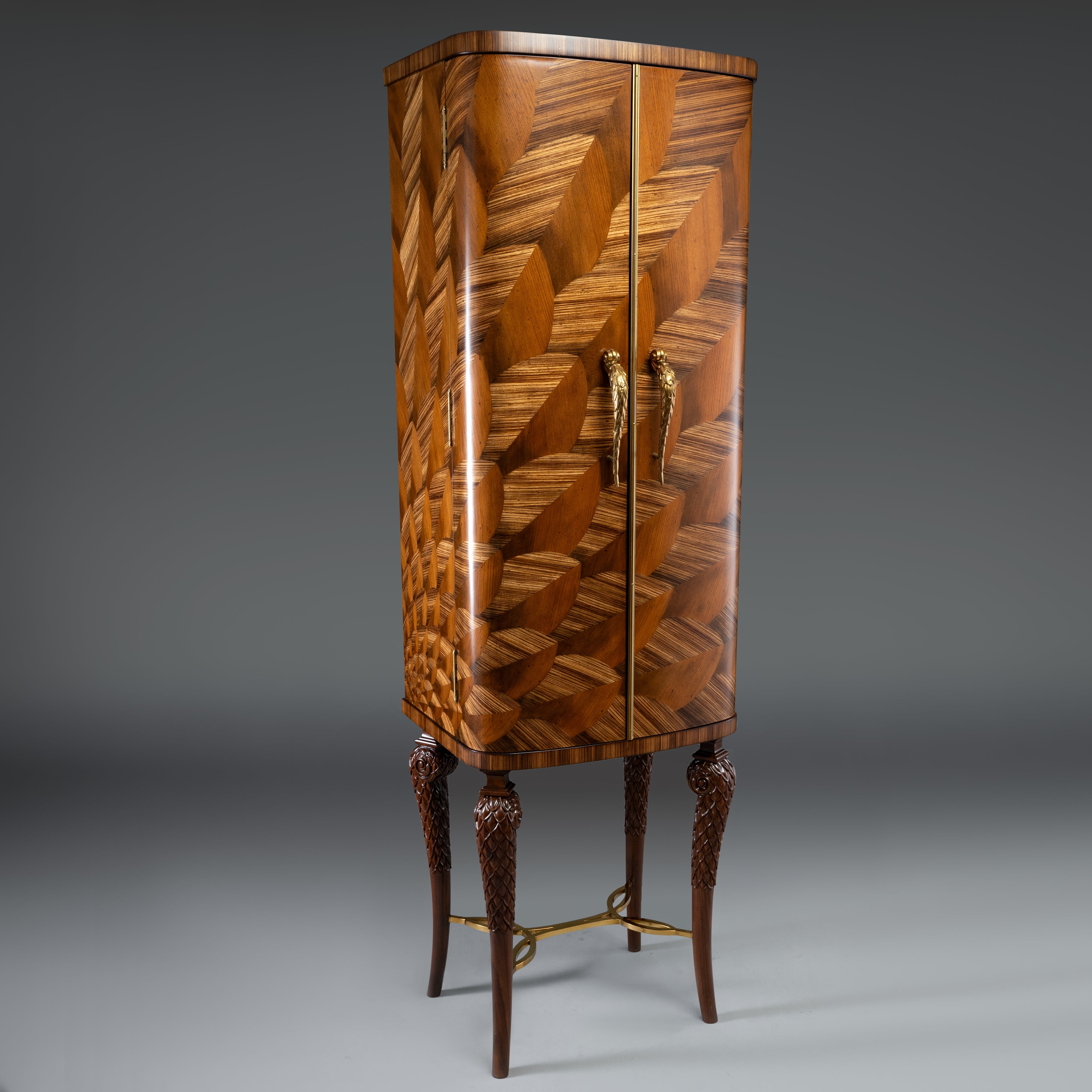 Art Deco Style Tall Cabinet with Geometric Wood Veneer and Brass Handles