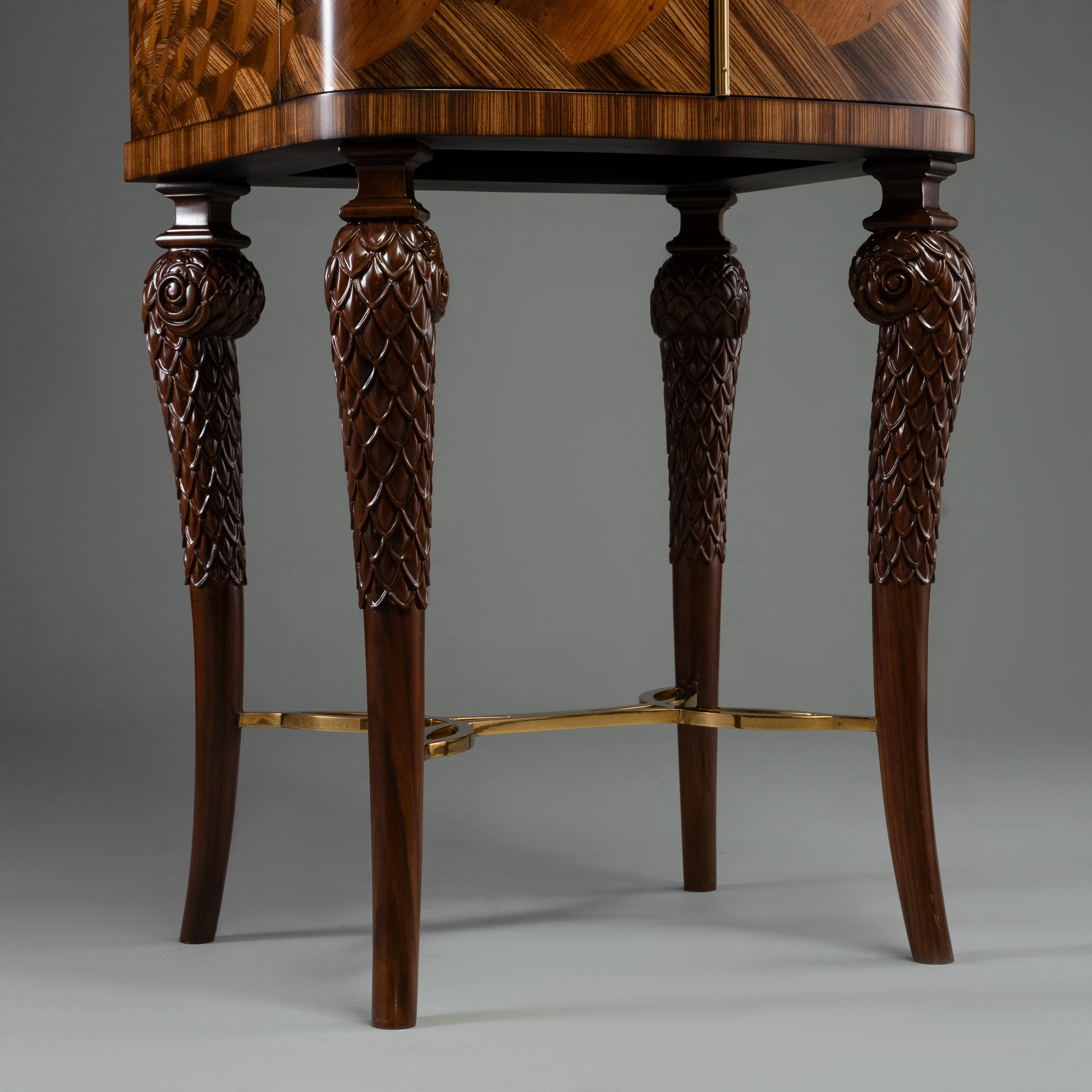 Art Deco Style Tall Cabinet with Geometric Wood Veneer and Brass Handles