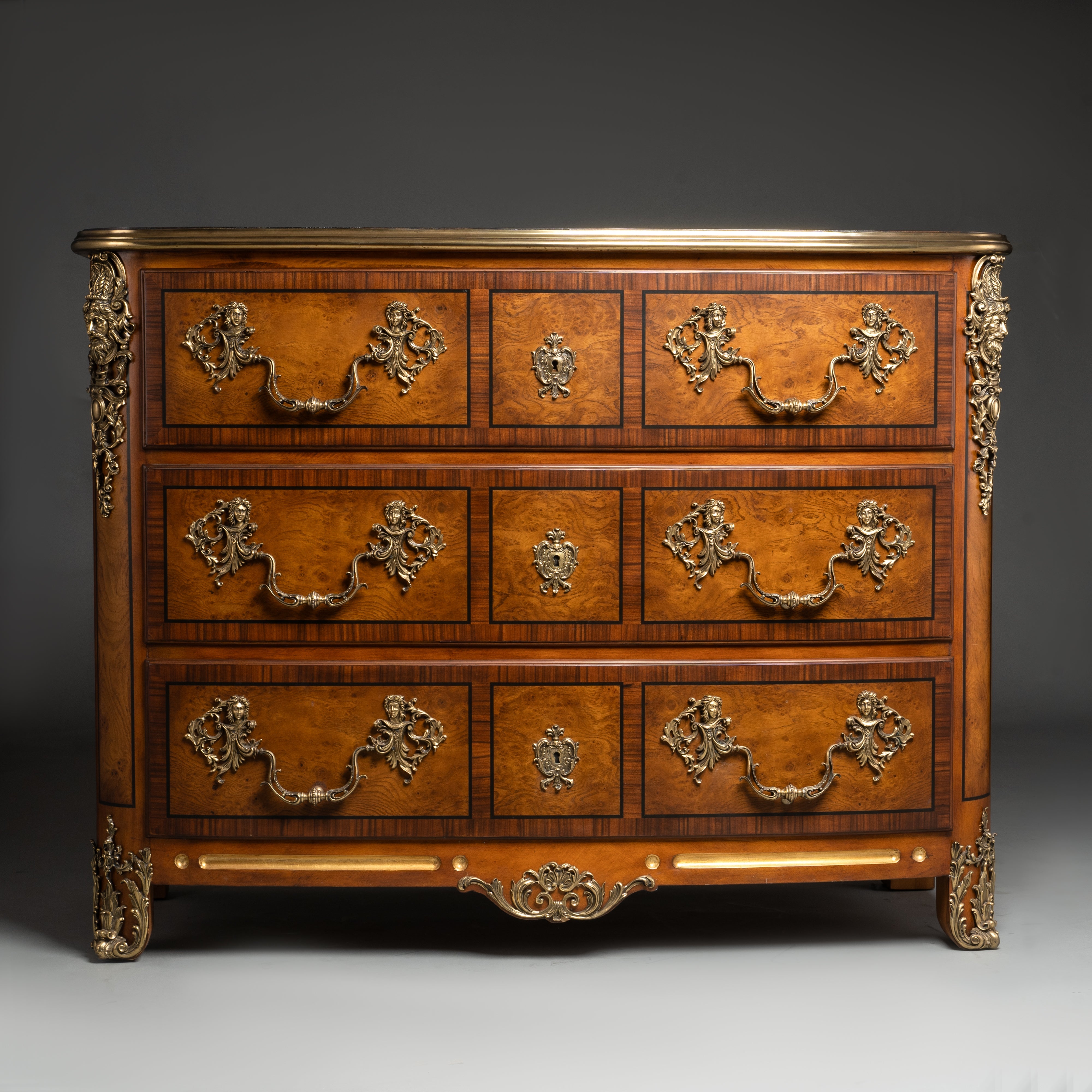 Baroque Style Chest of Drawers with Brass Ornaments and Burl Wood Veneer