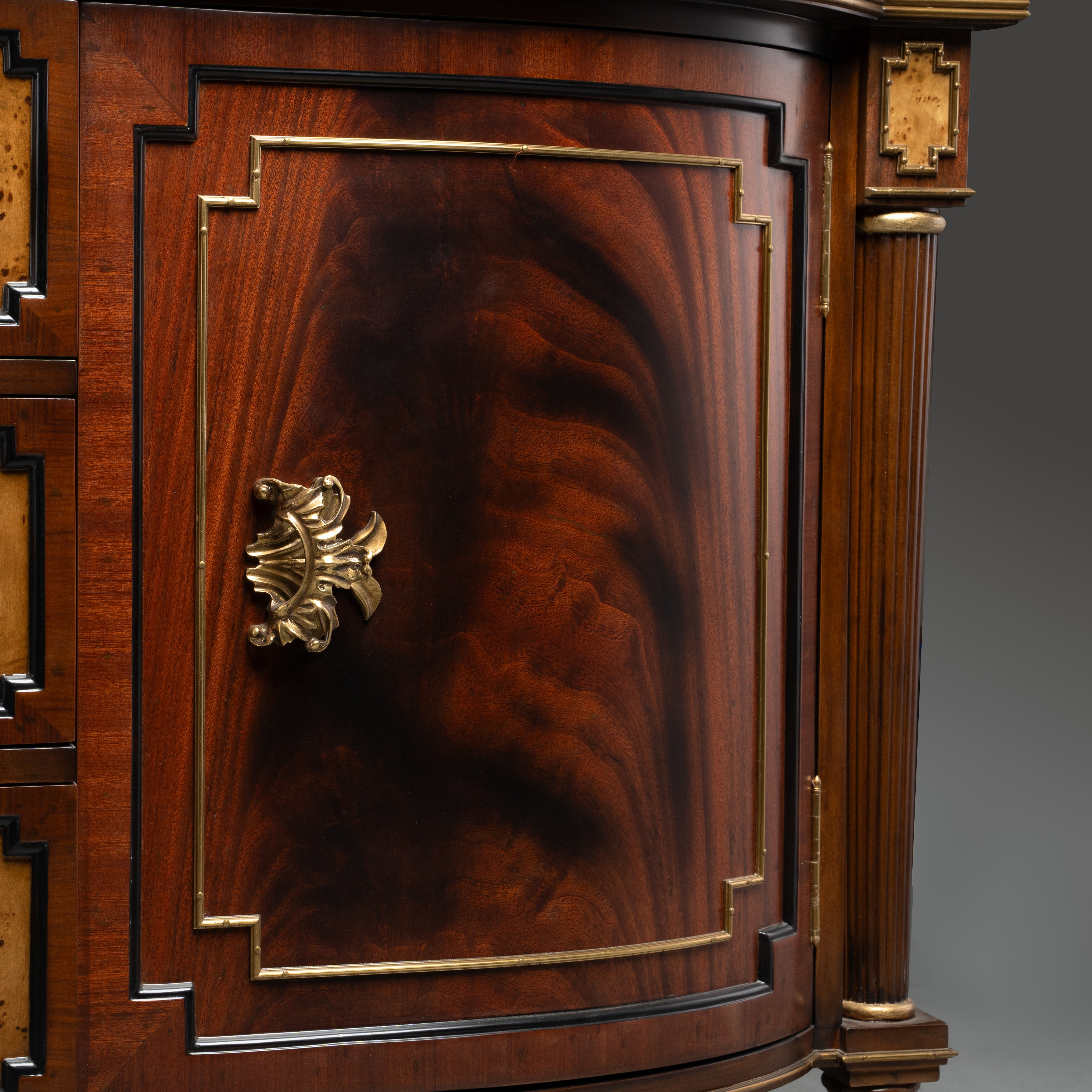 Neoclassical Mahogany Cabinet with Brass Accents and Central Drawers