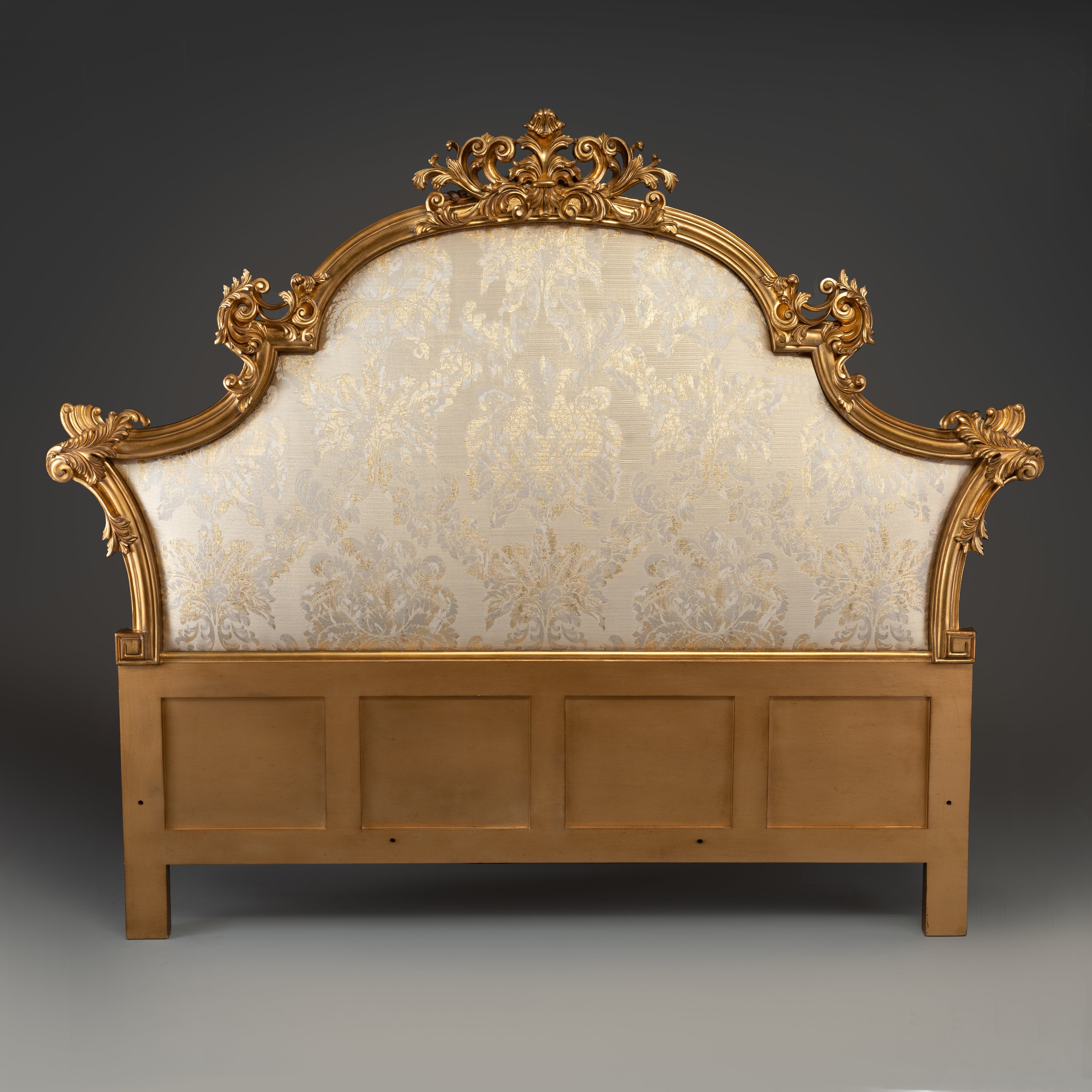 Gold Leaf and Damask Upholstered Headboard / Bed