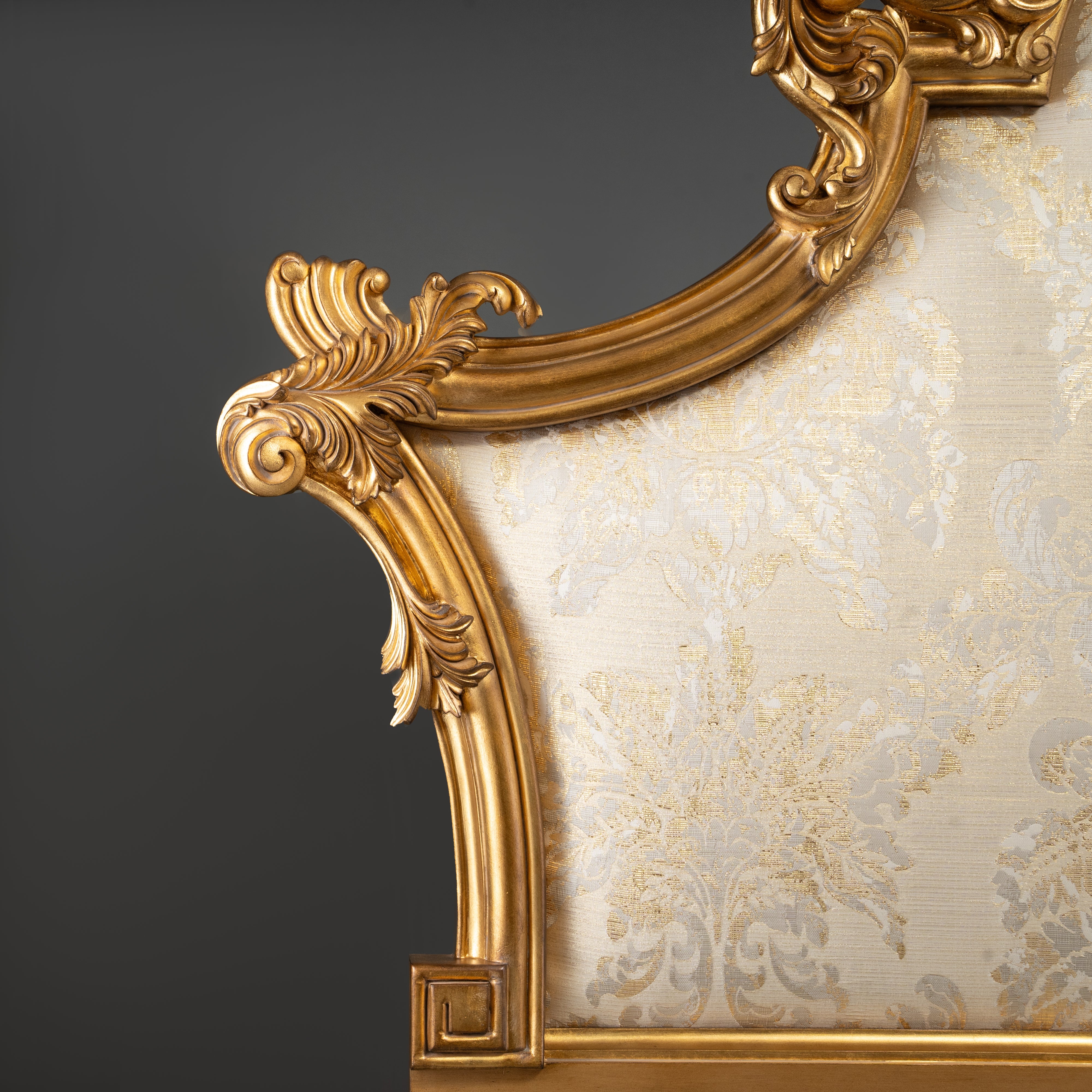 Gold Leaf and Damask Upholstered Headboard / Bed