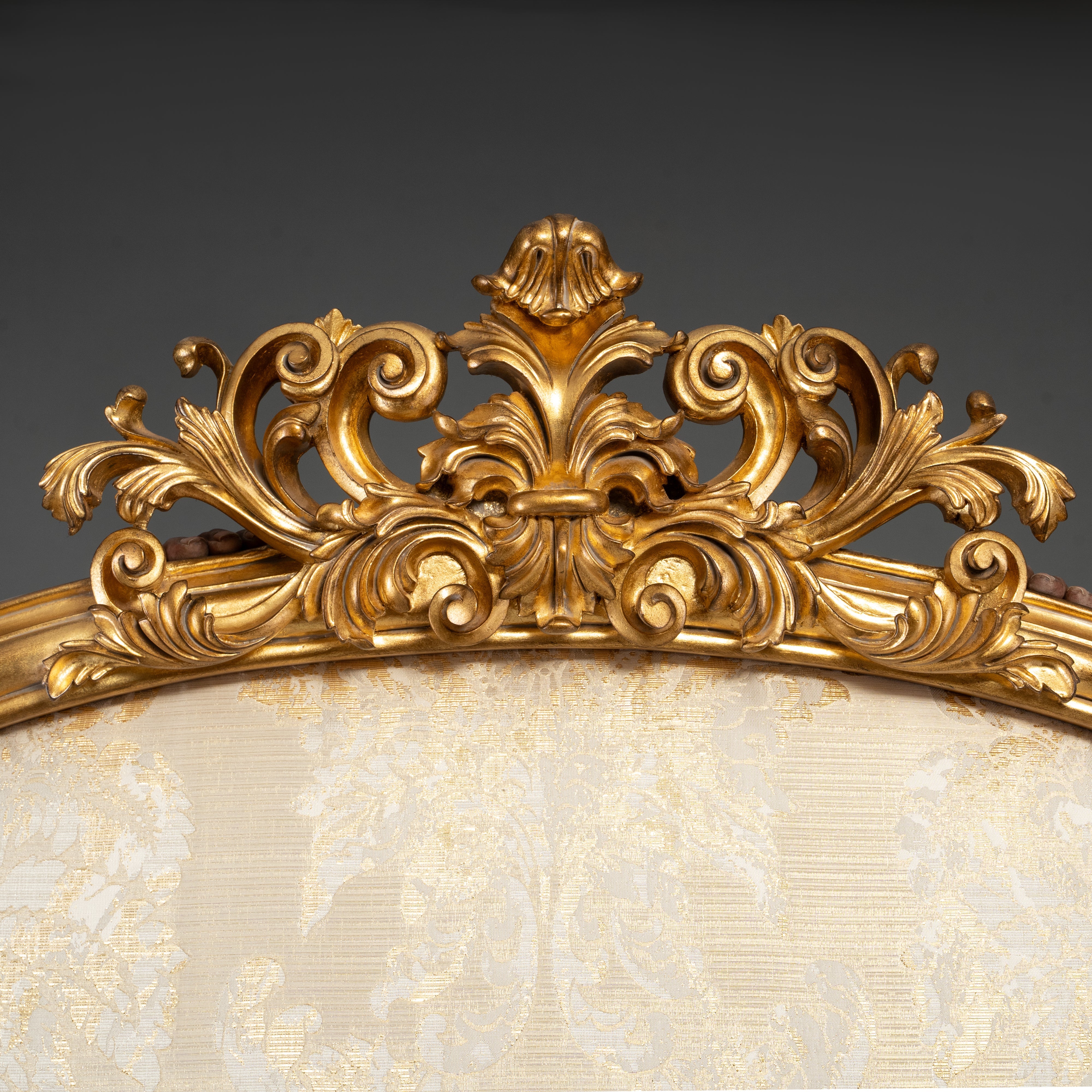 Gold Leaf and Damask Upholstered Headboard / Bed
