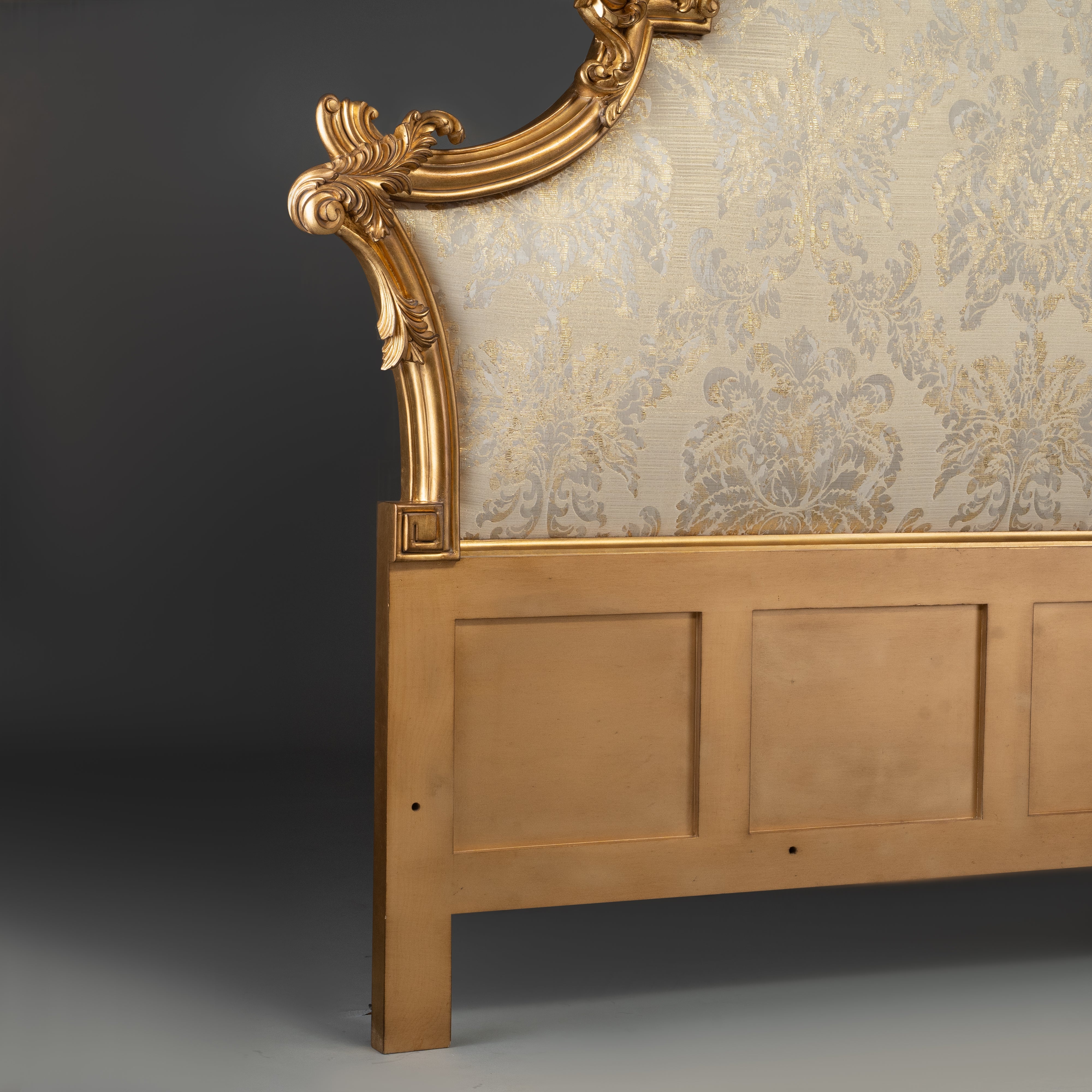 Gold Leaf and Damask Upholstered Headboard / Bed