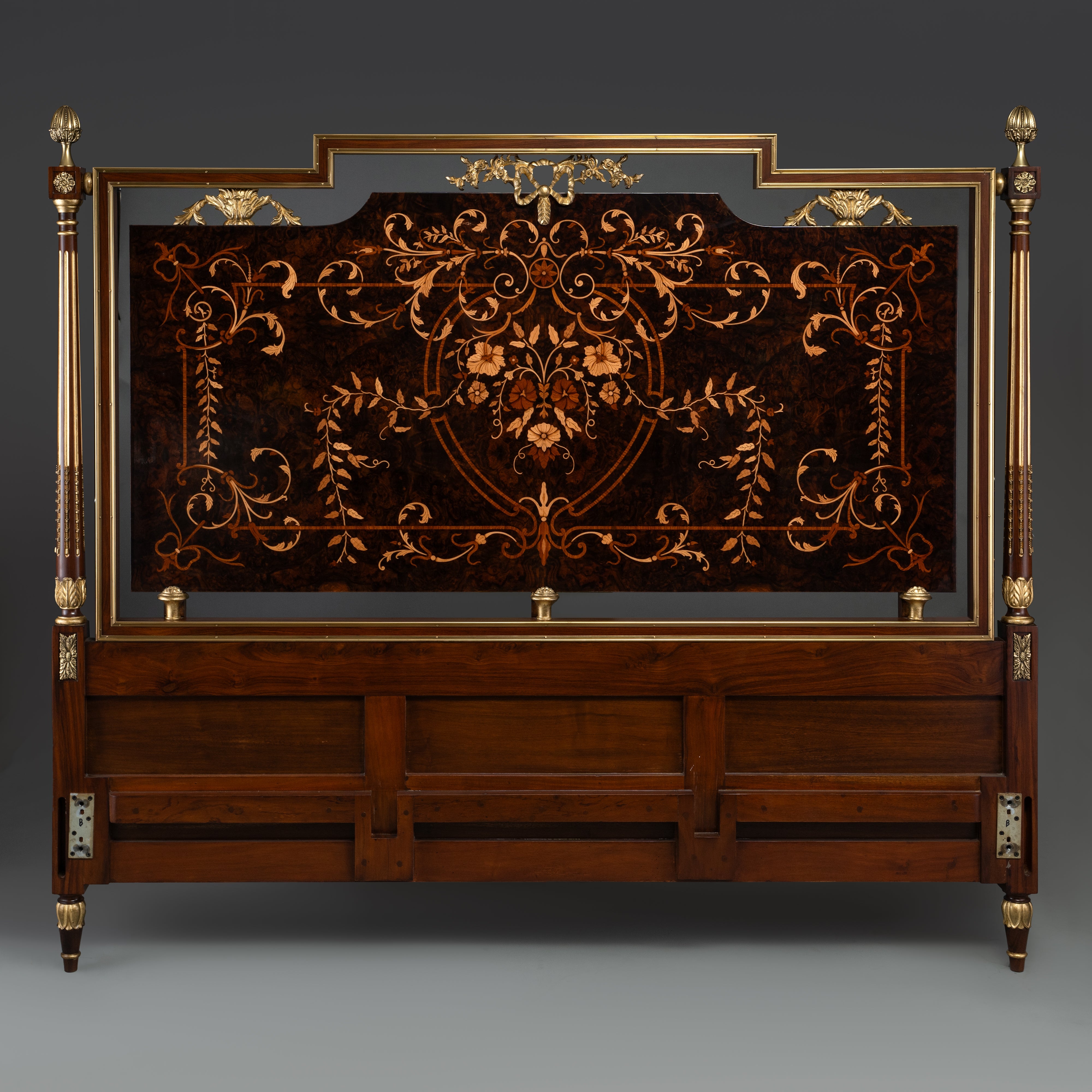 Exquisite Inlaid Mahogany Headboard / Bed with Floral Motif and Brass Accents