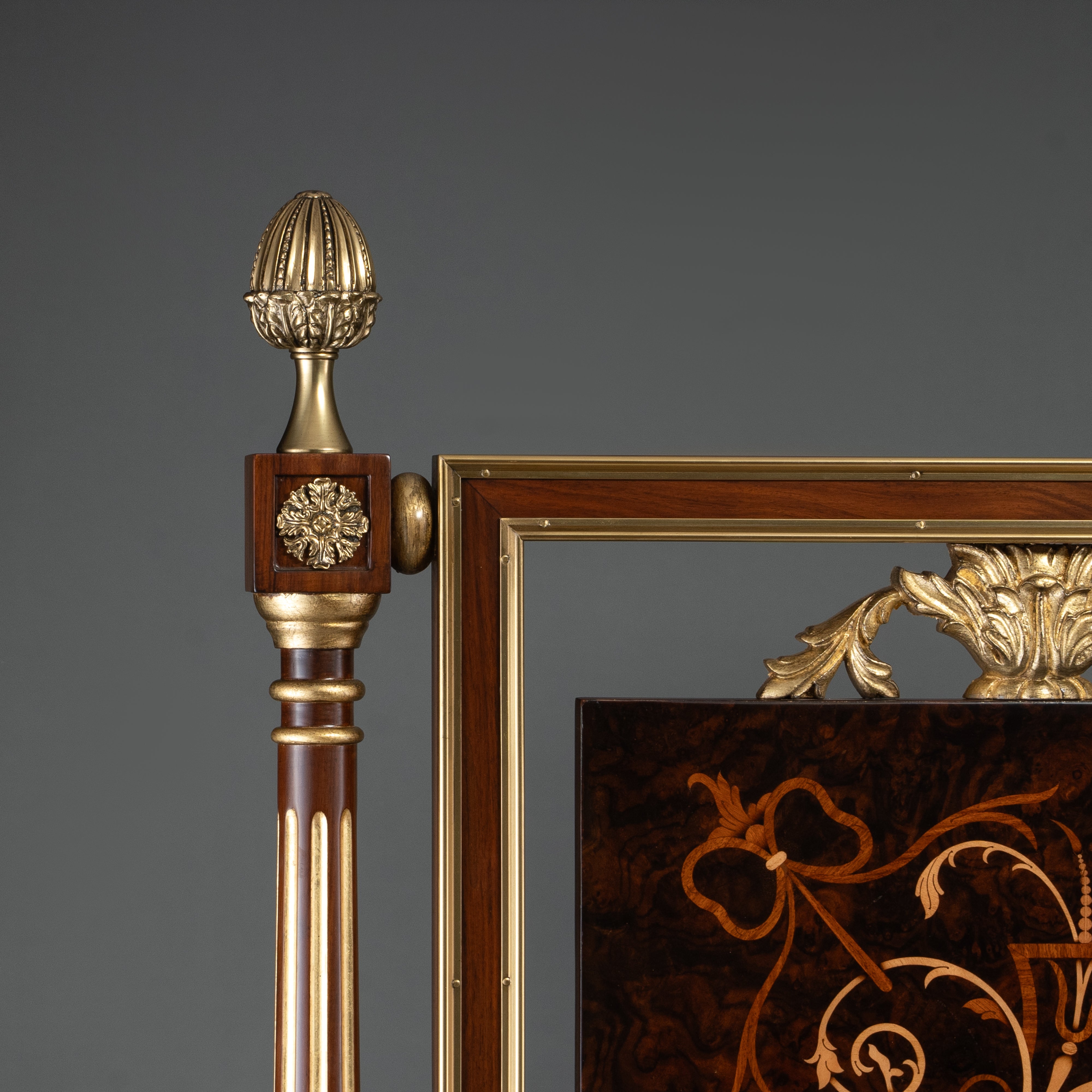 Exquisite Inlaid Mahogany Headboard / Bed with Floral Motif and Brass Accents
