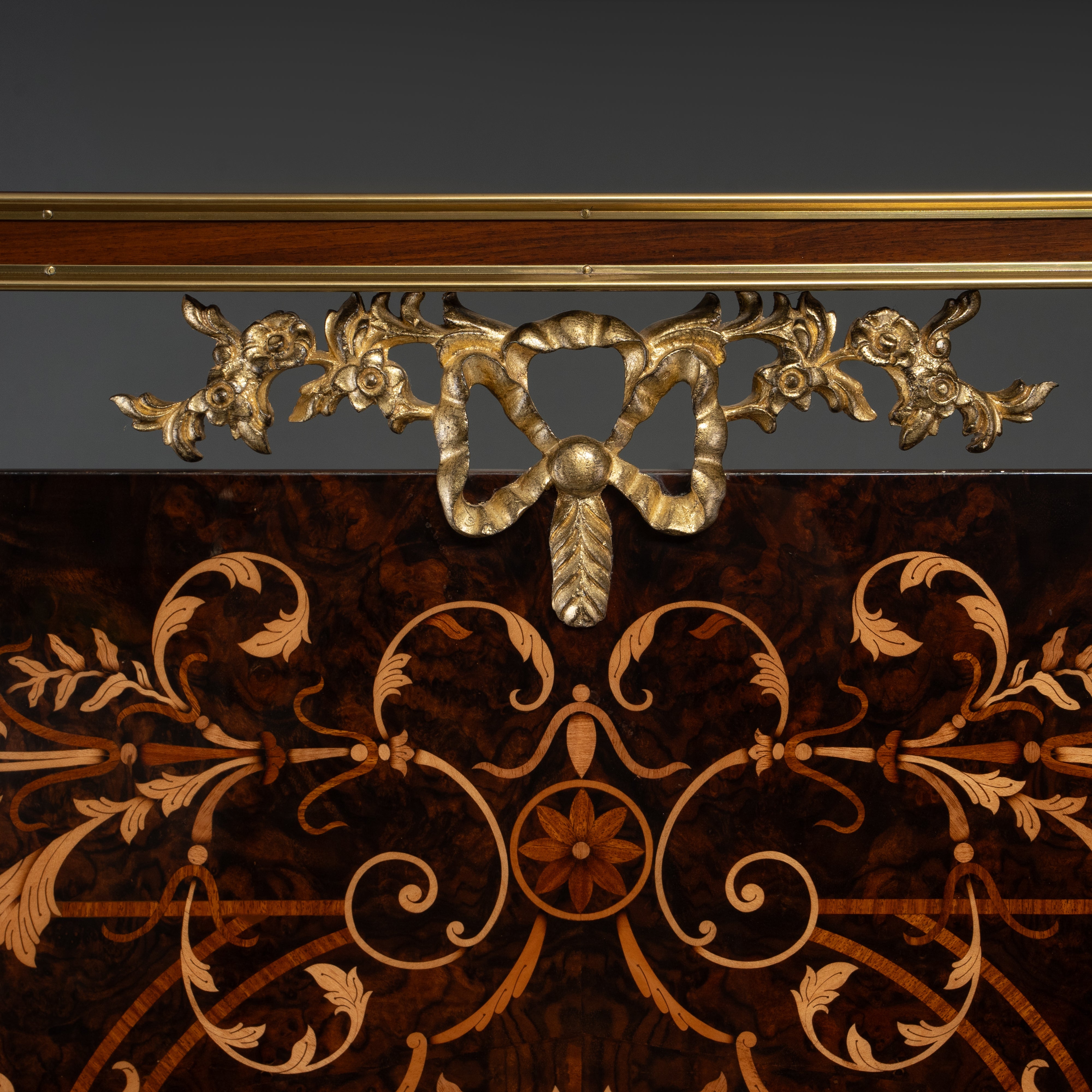 Exquisite Inlaid Mahogany Headboard / Bed with Floral Motif and Brass Accents