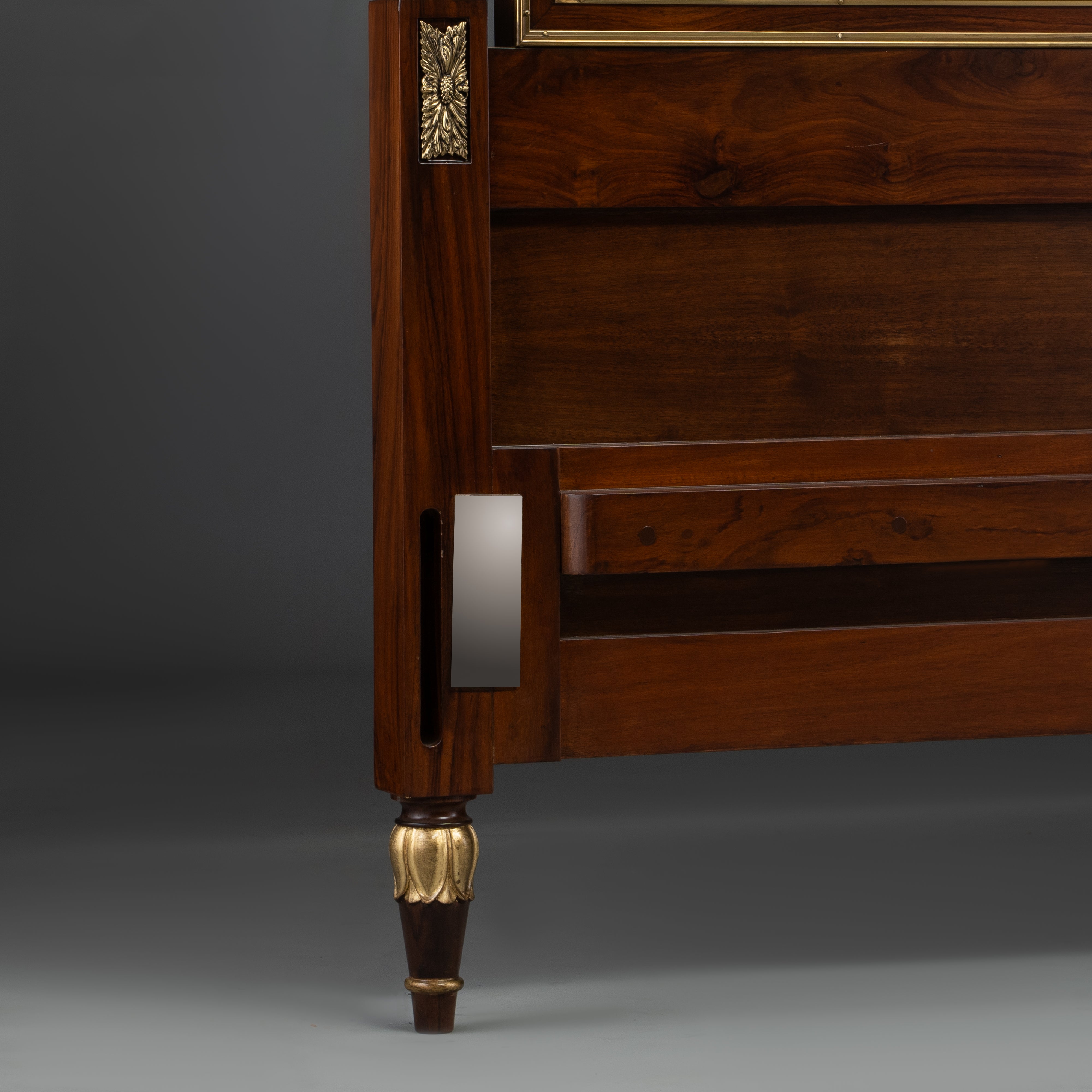 Exquisite Inlaid Mahogany Headboard / Bed with Floral Motif and Brass Accents