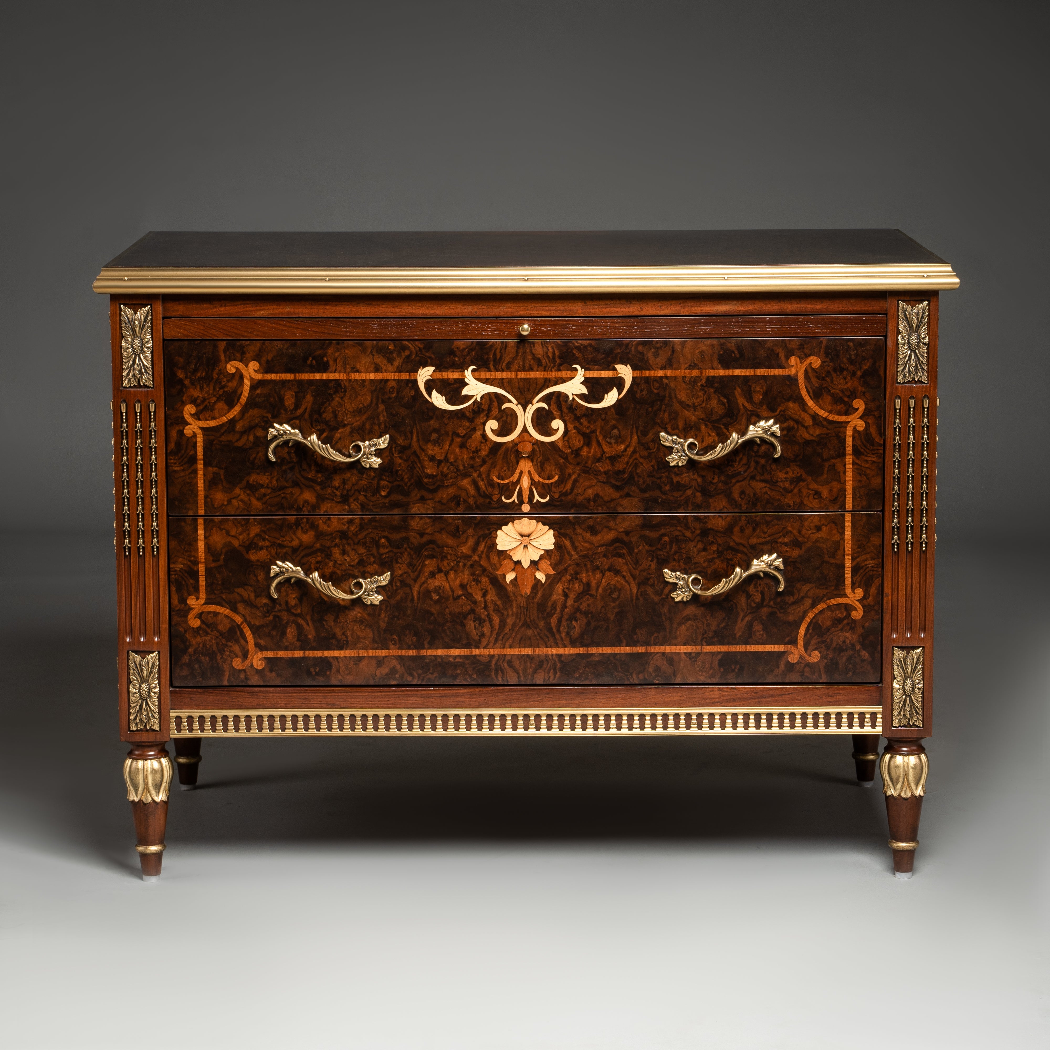 Louis XVI Style Mahogany Bedside Table with Brass Accents and Marquetry Inlay
