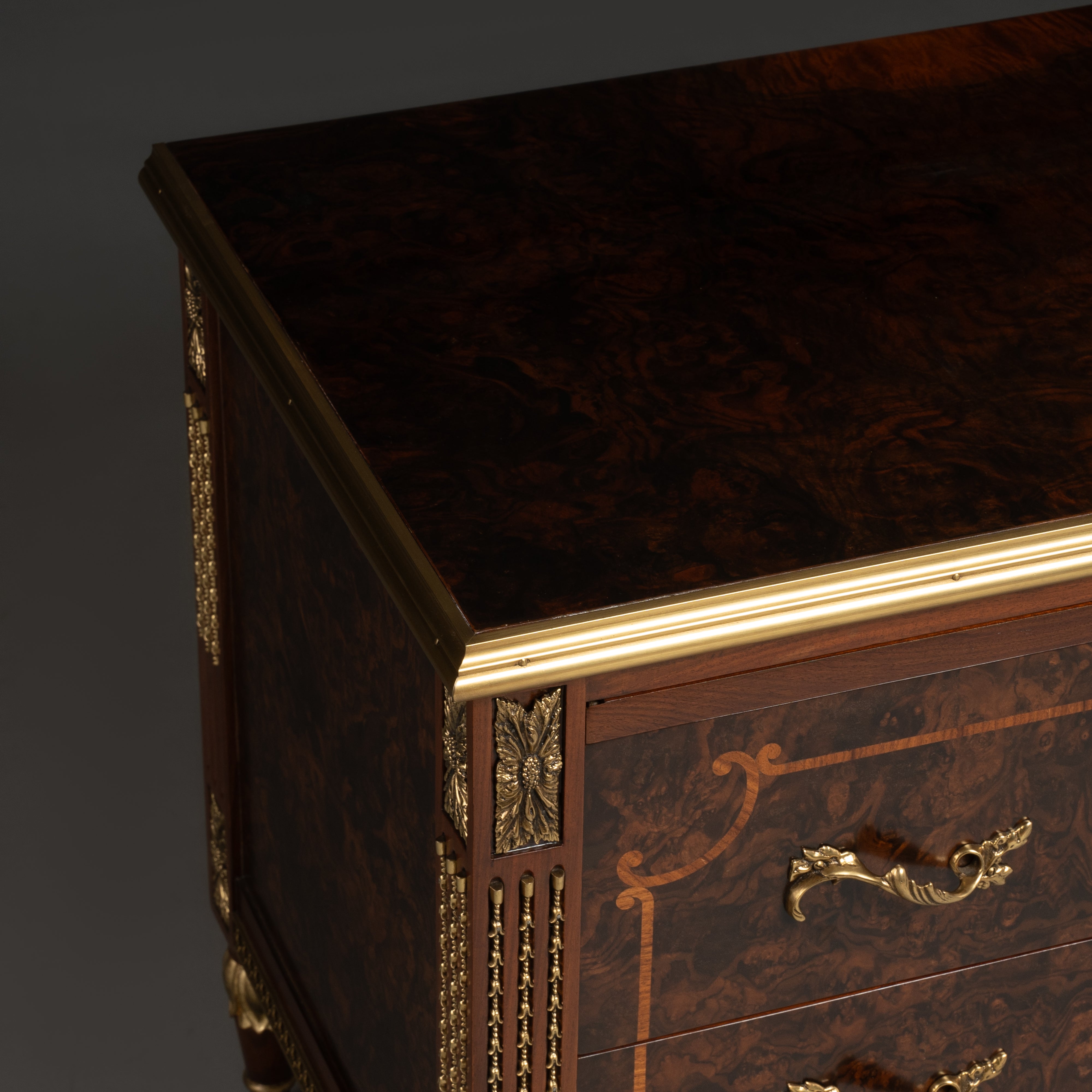 Louis XVI Style Mahogany Bedside Table with Brass Accents and Marquetry Inlay