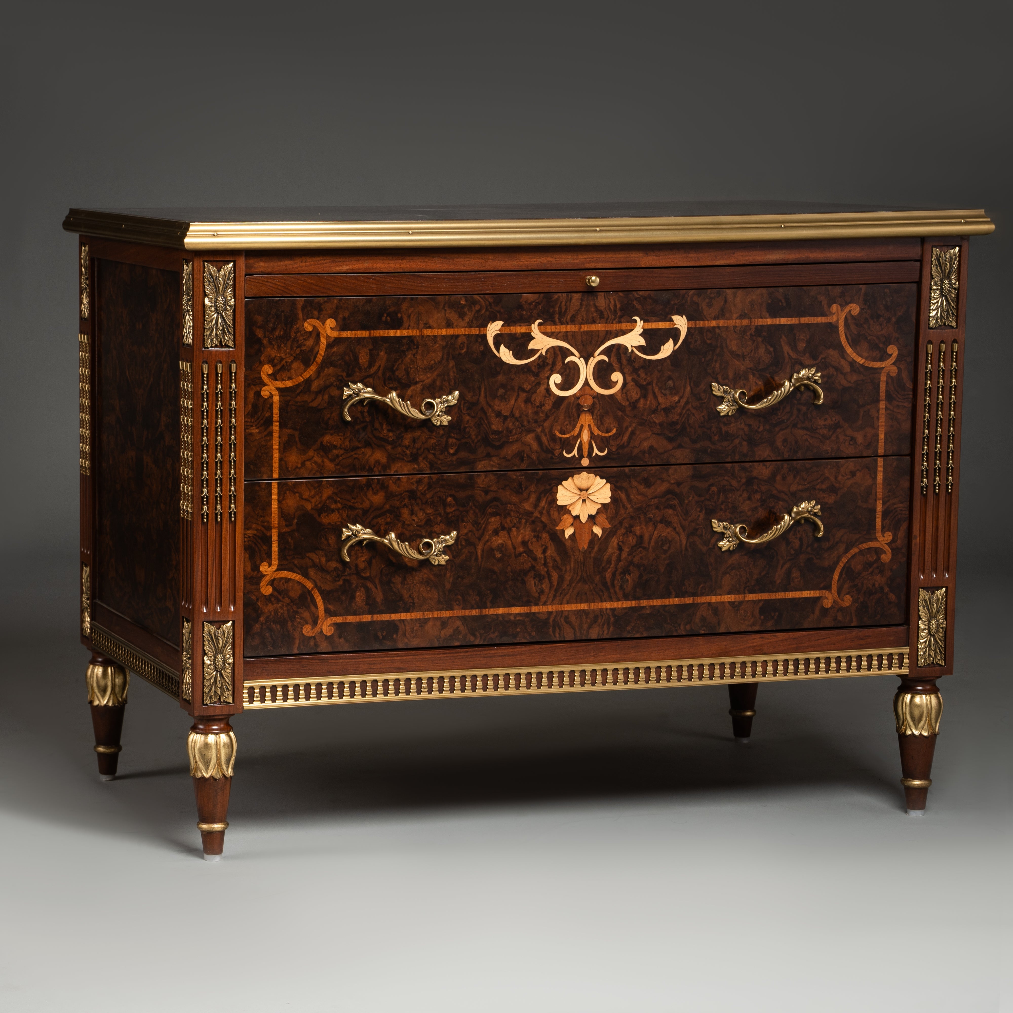 Louis XVI Style Mahogany Bedside Table with Brass Accents and Marquetry Inlay