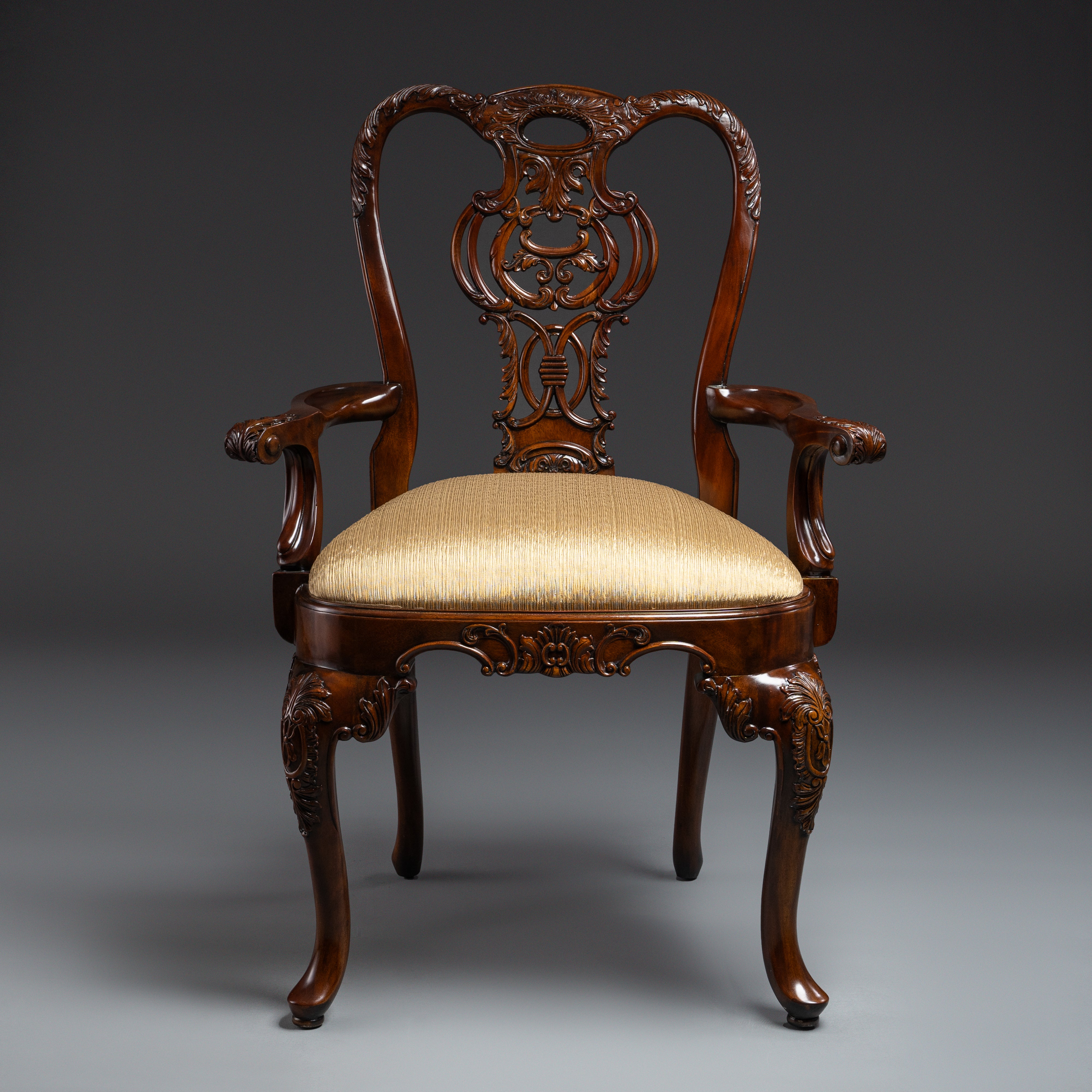 Louis XVI-Style Chippendale Carved  Mahogany Armchair with Gold Upholstered  Seat
