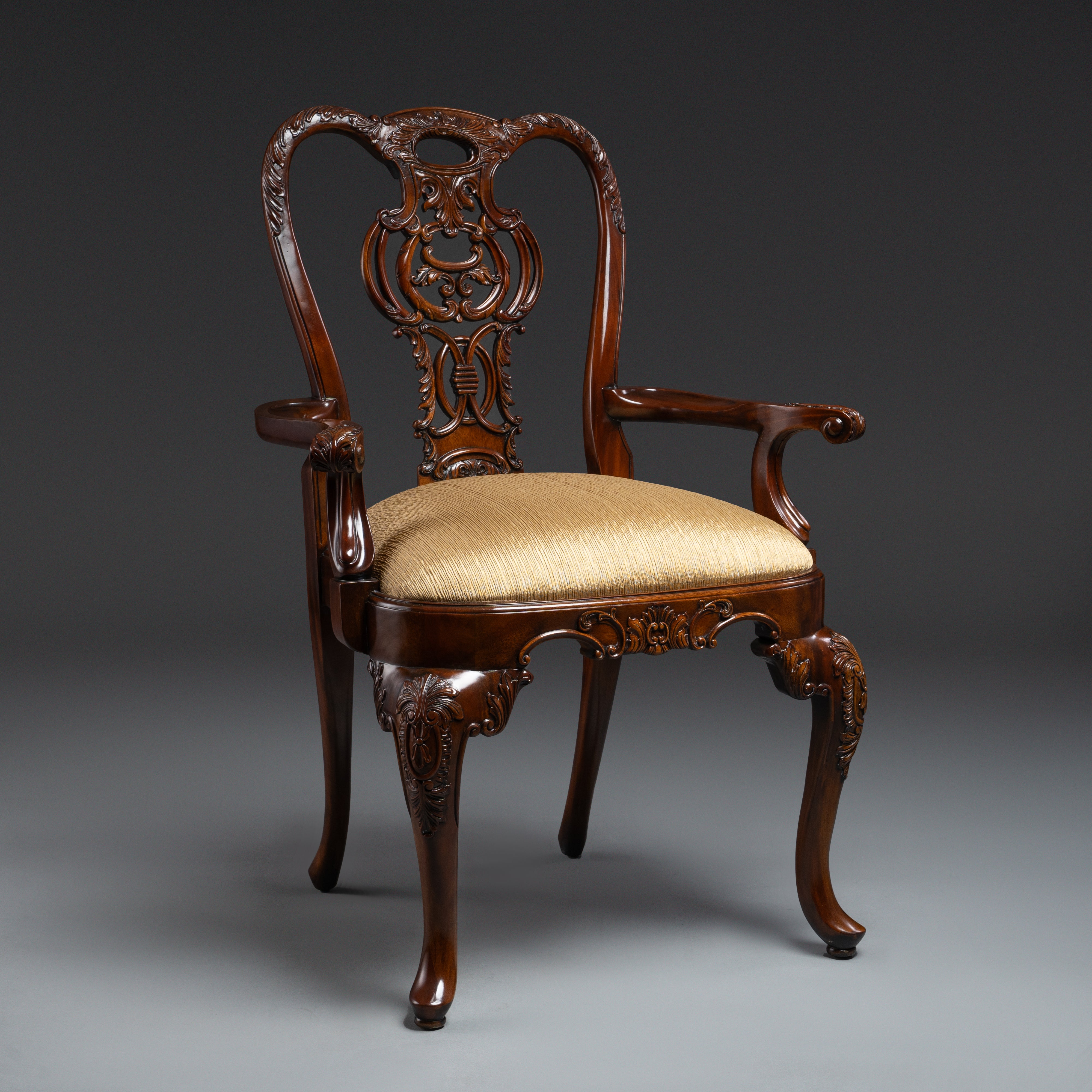 Louis XVI-Style Chippendale Carved  Mahogany Armchair with Gold Upholstered  Seat