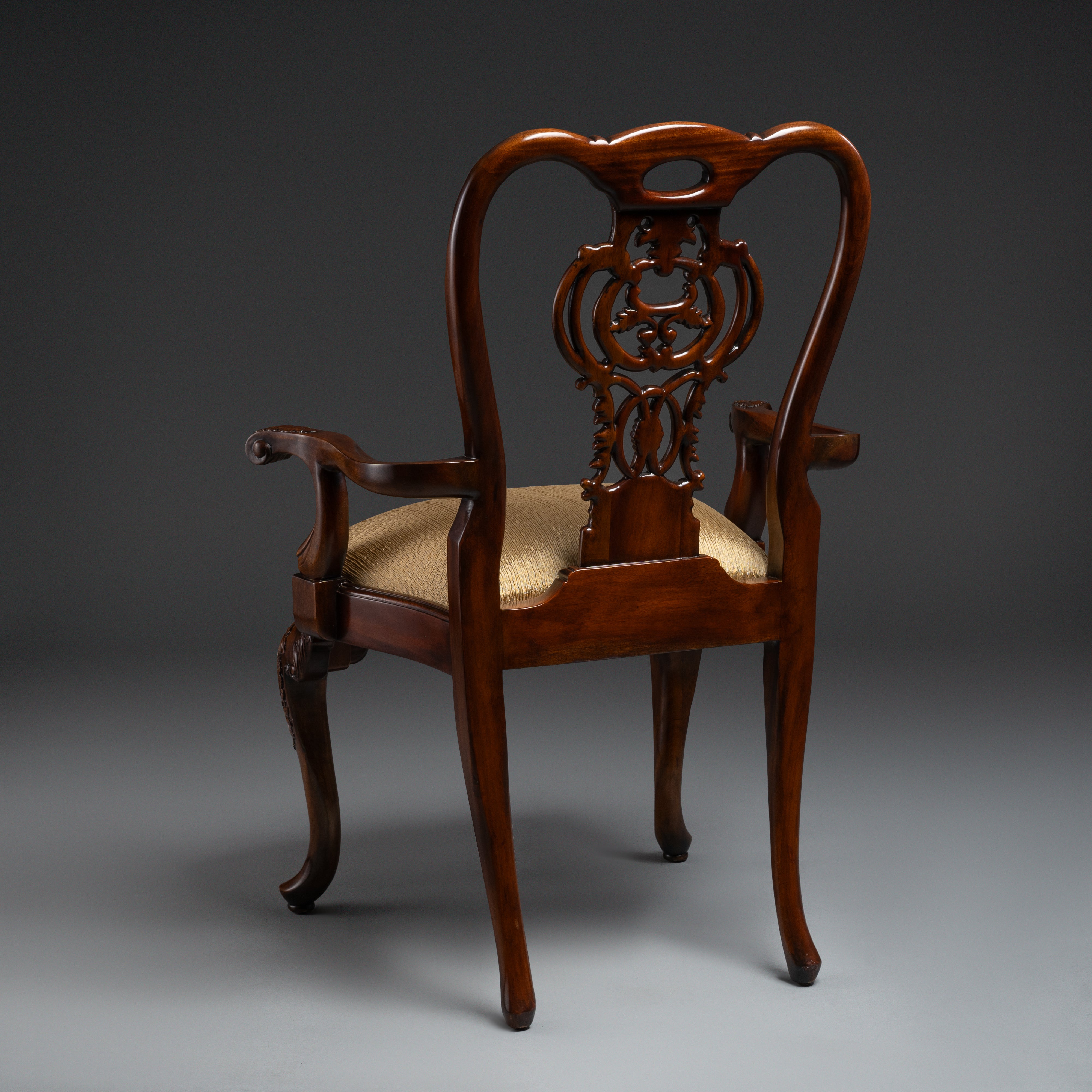 Louis XVI-Style Chippendale Carved  Mahogany Armchair with Gold Upholstered  Seat