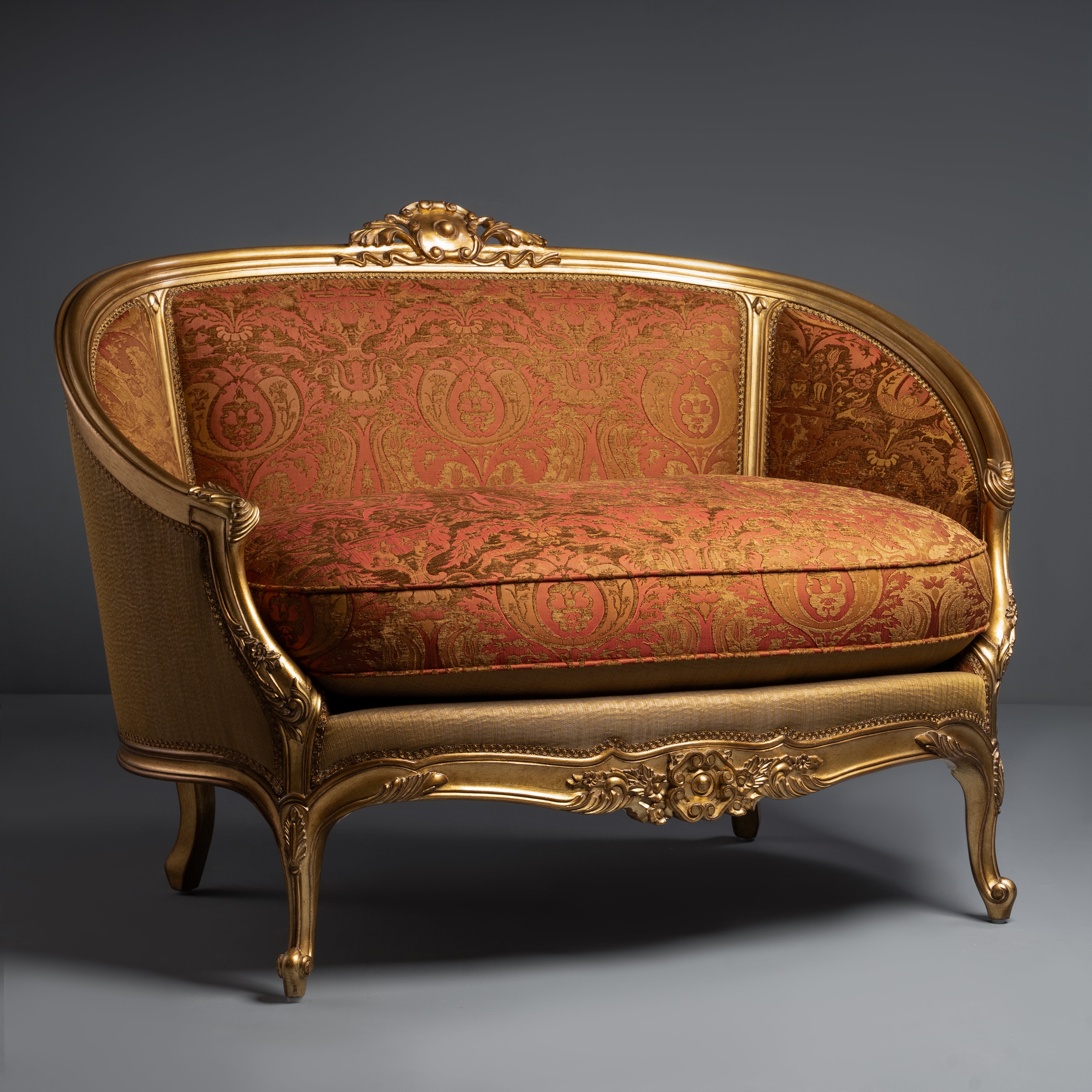 Elegant French Giltwood Settee with Ornate  Damask Upholstery