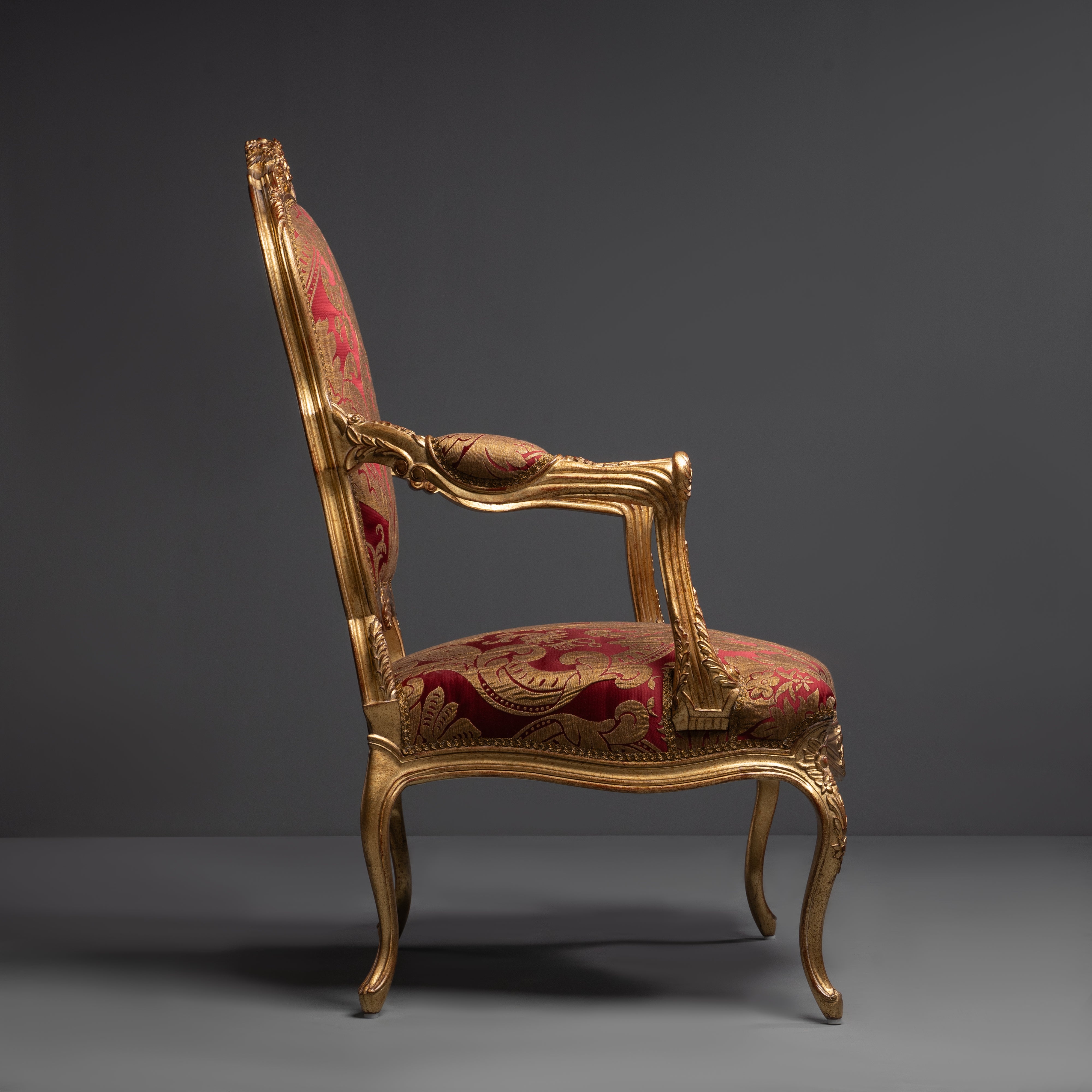 Elegant Louis XV Giltwood Armchair with Rich  Damask Upholstery