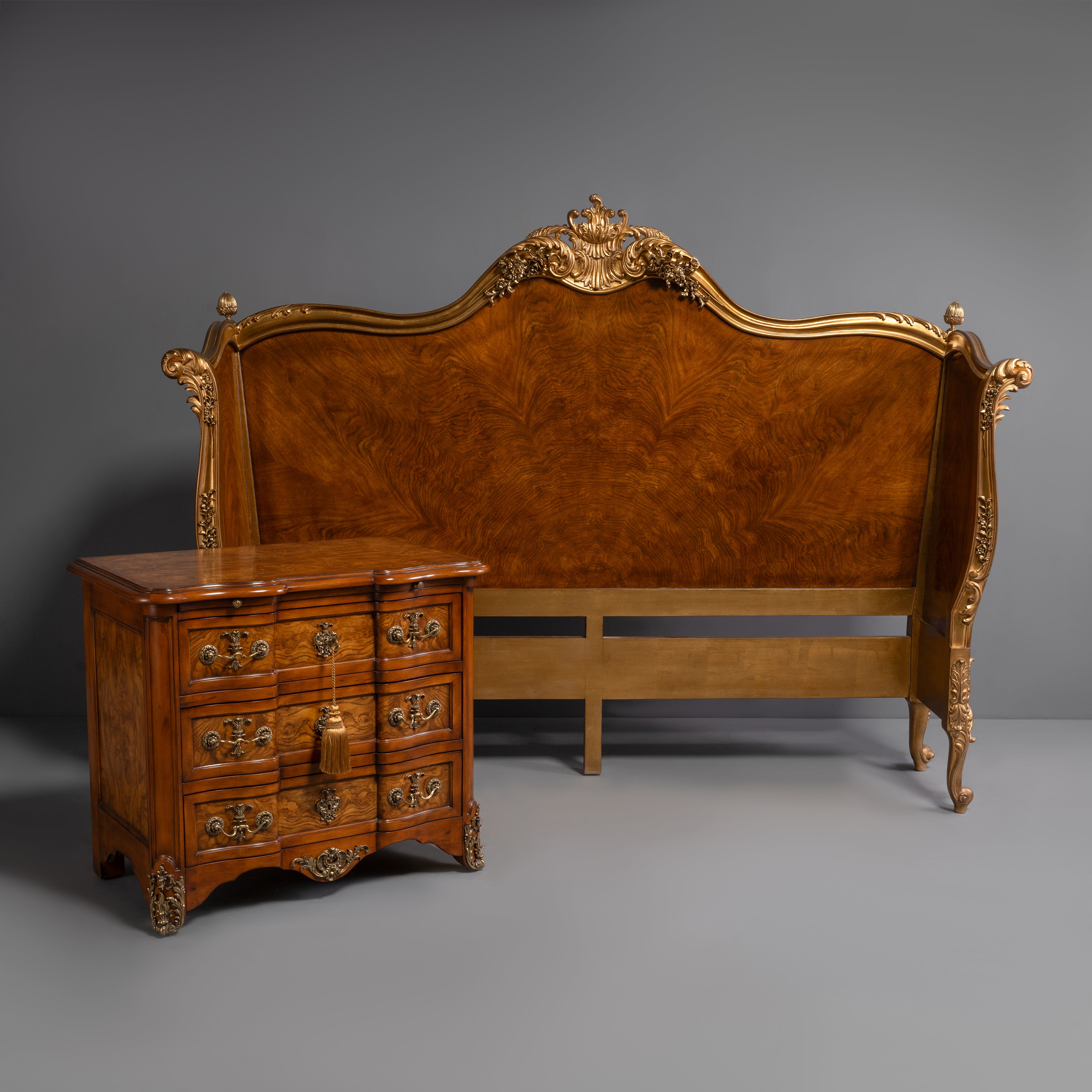 Elegant French-Style Bed Frame with Burl  Veneer and Brass Accents