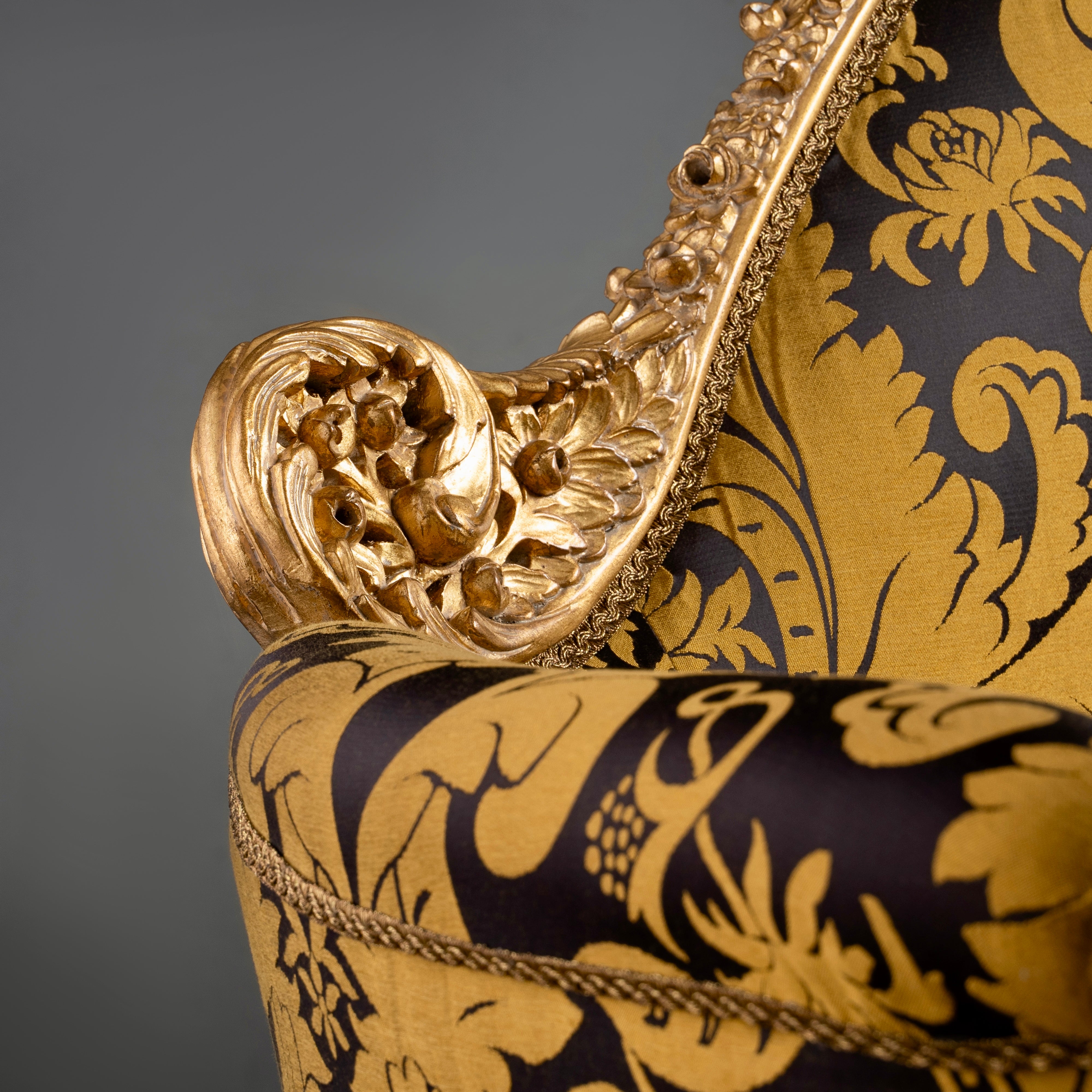 Louis XV-Style Gilded Settee with Carved  Wood Frame and Baroque Damask  Upholstery