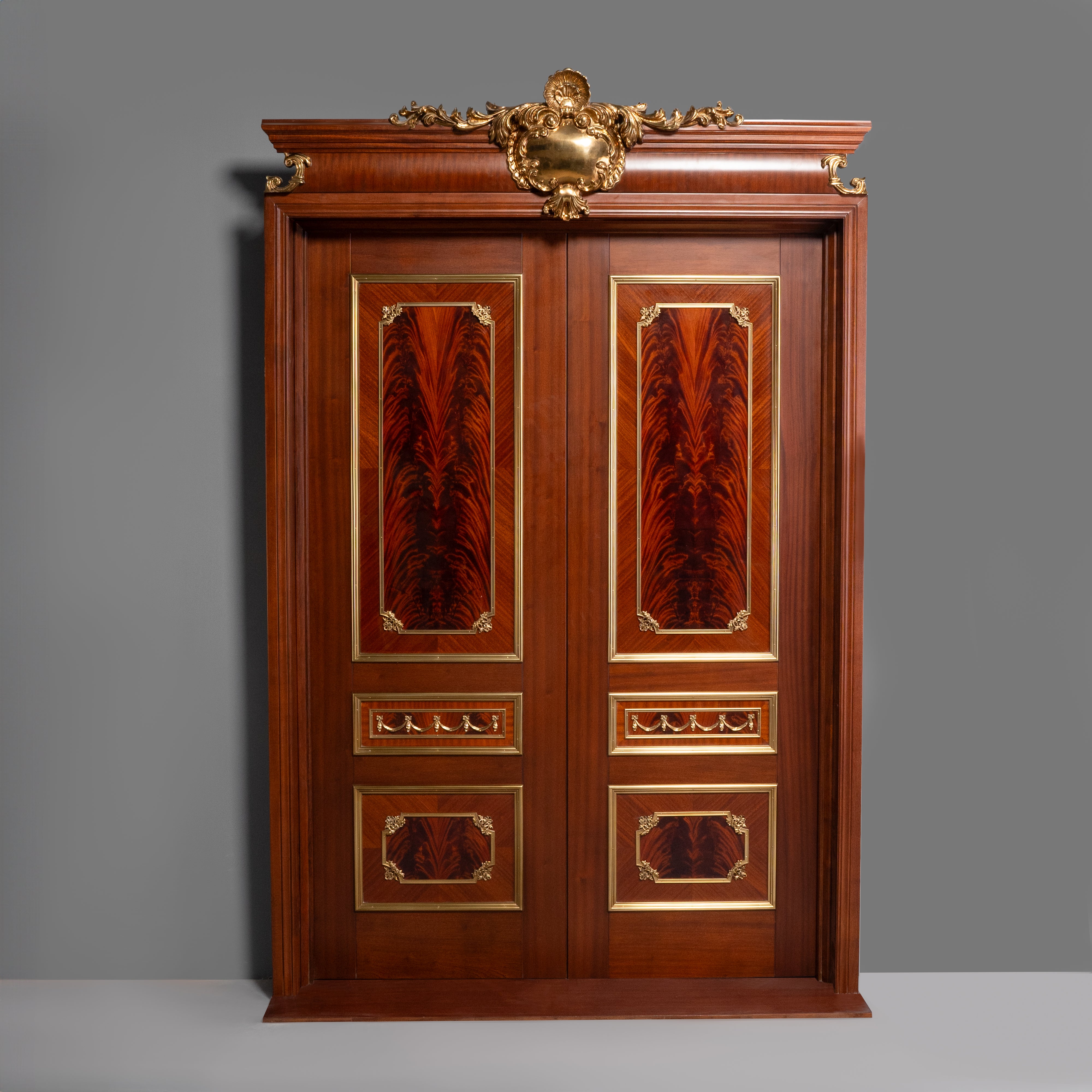 Neoclassical Louis XVI Style Double Doors with Mahogany Inlay and Gilt Ornaments