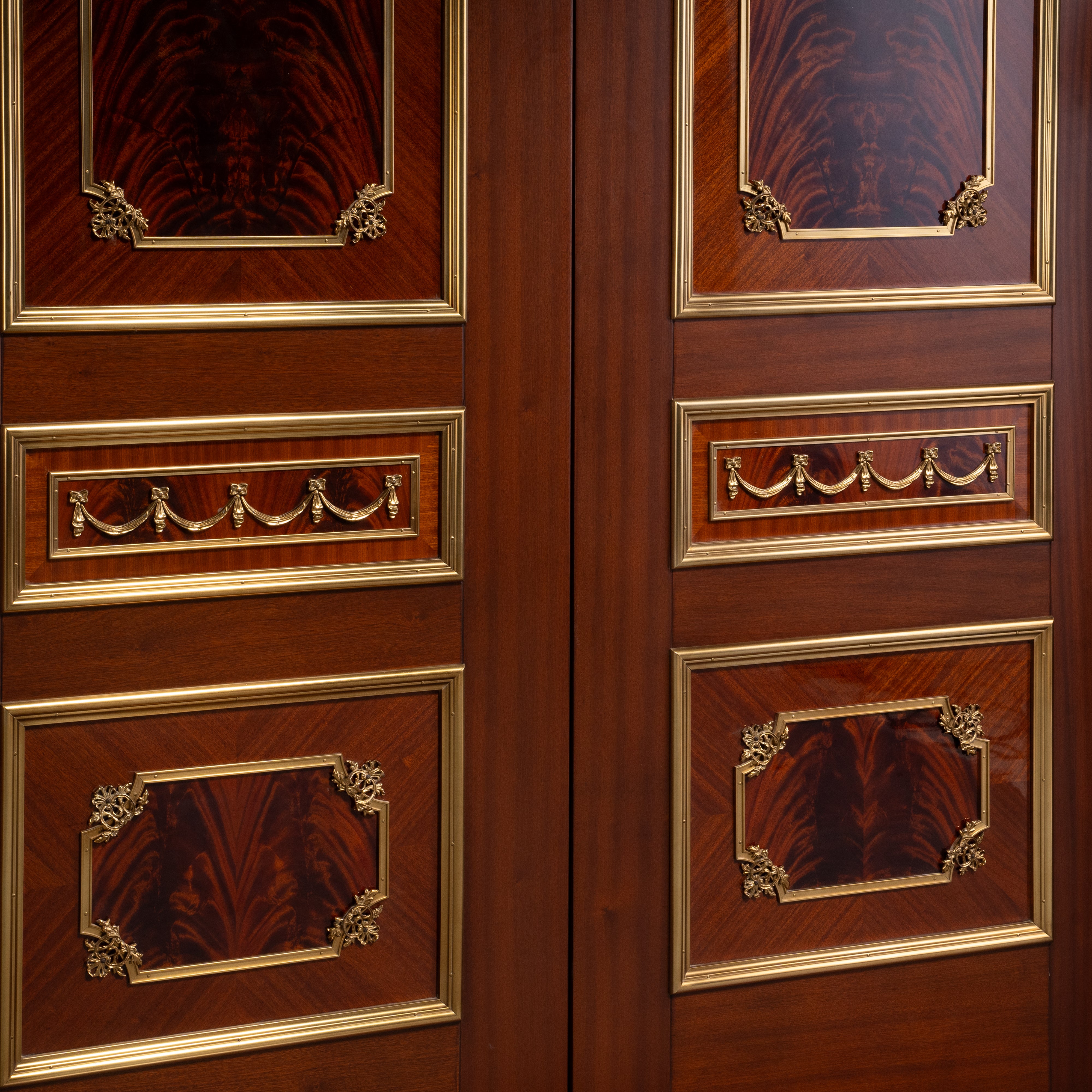 Neoclassical Louis XVI Style Double Doors with Mahogany Inlay and Gilt Ornaments