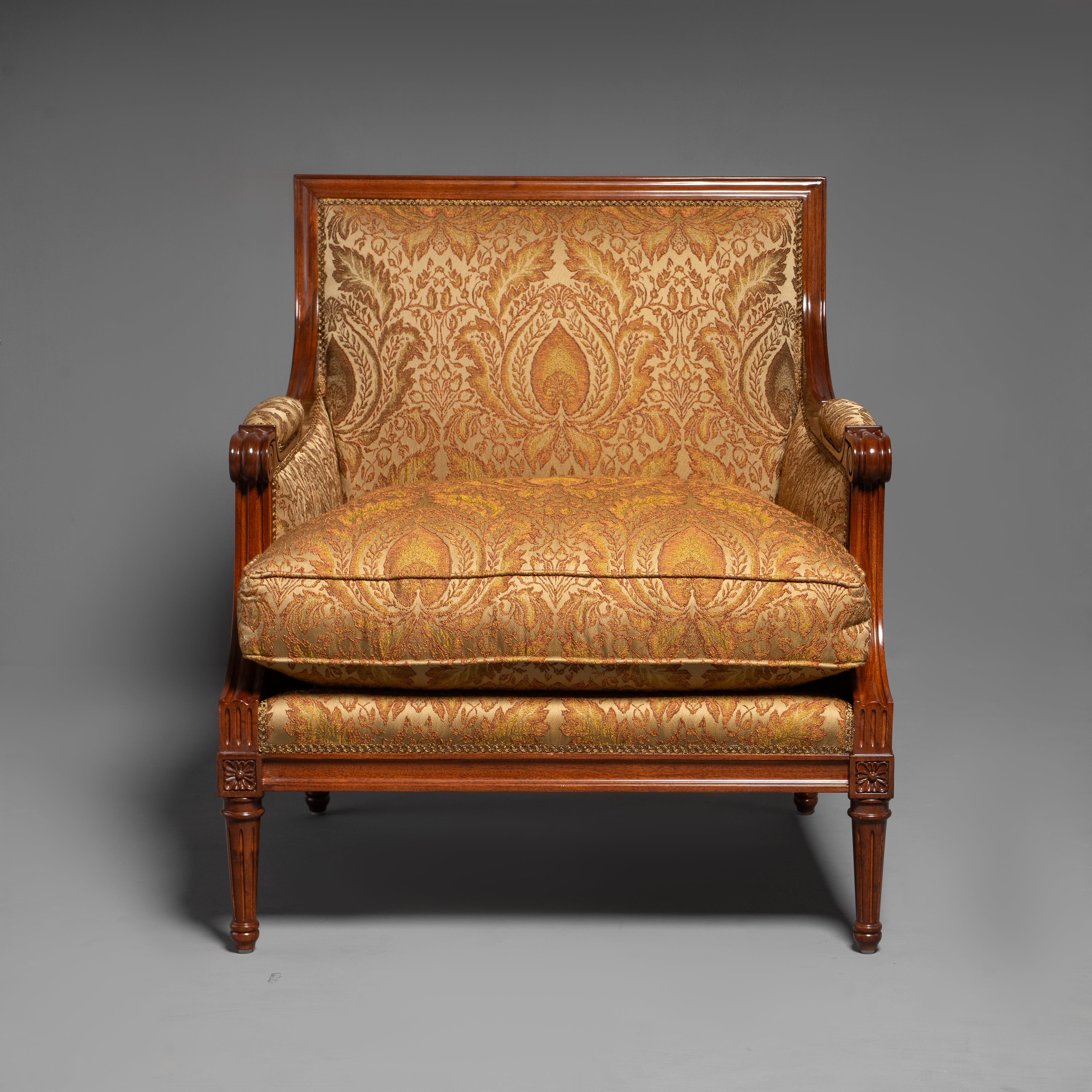 Hand-Carved Neoclassical Louis XVI Style Armchair with Brass Motifs